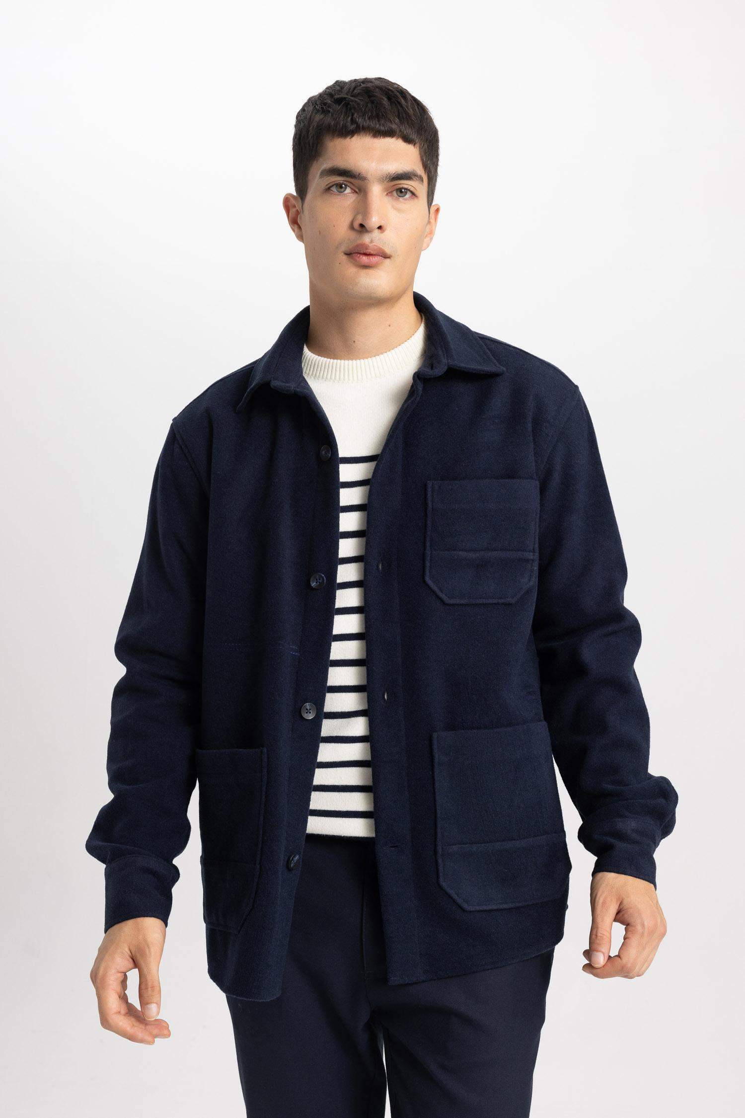 Regular Fit Düğmeli Cepli İçi Yumuşak Tüylü Kaşe Uzun Kollu Gömlek