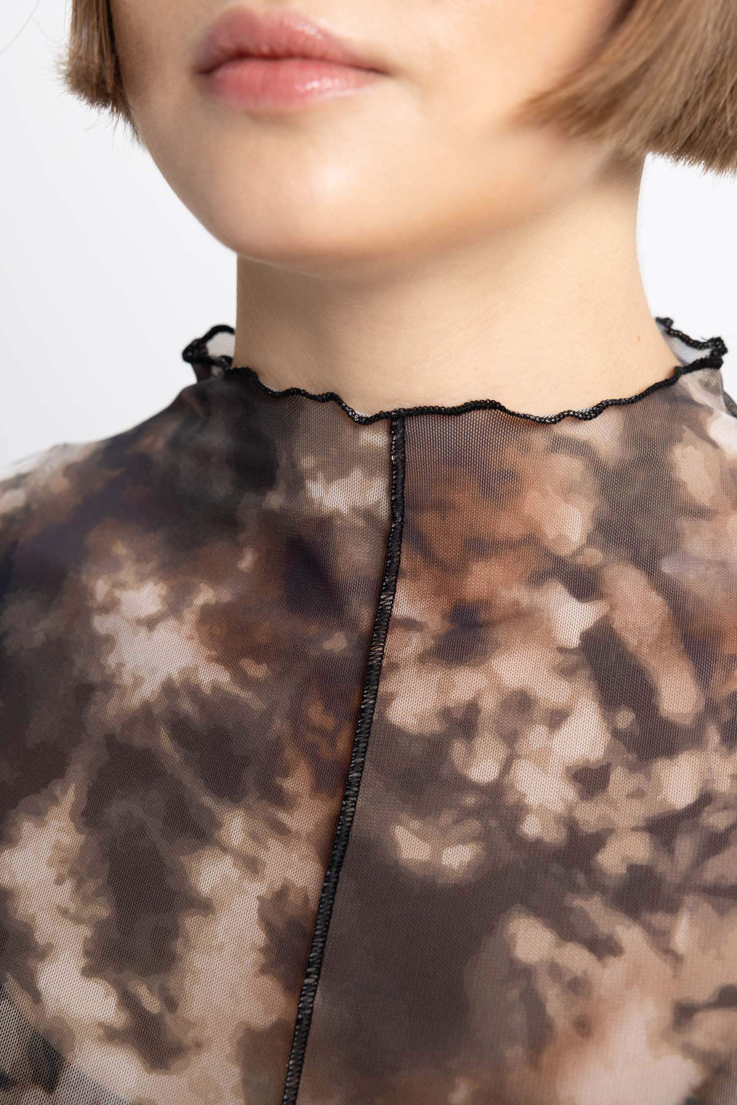 Slim Fit Half Turtleneck Tulle Long Sleeve T-Shirt