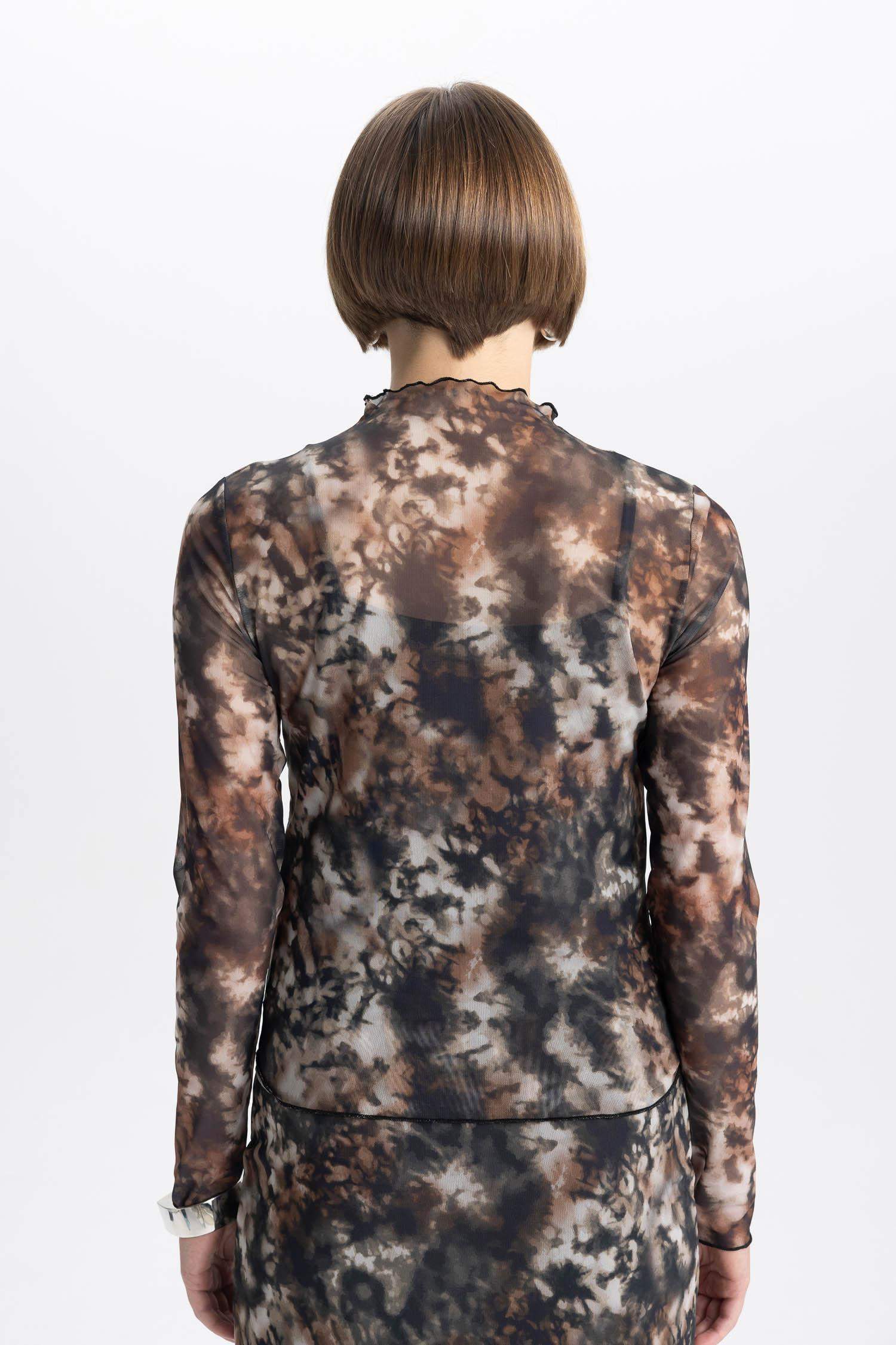 Slim Fit Half Turtleneck Tulle Long Sleeve T-Shirt