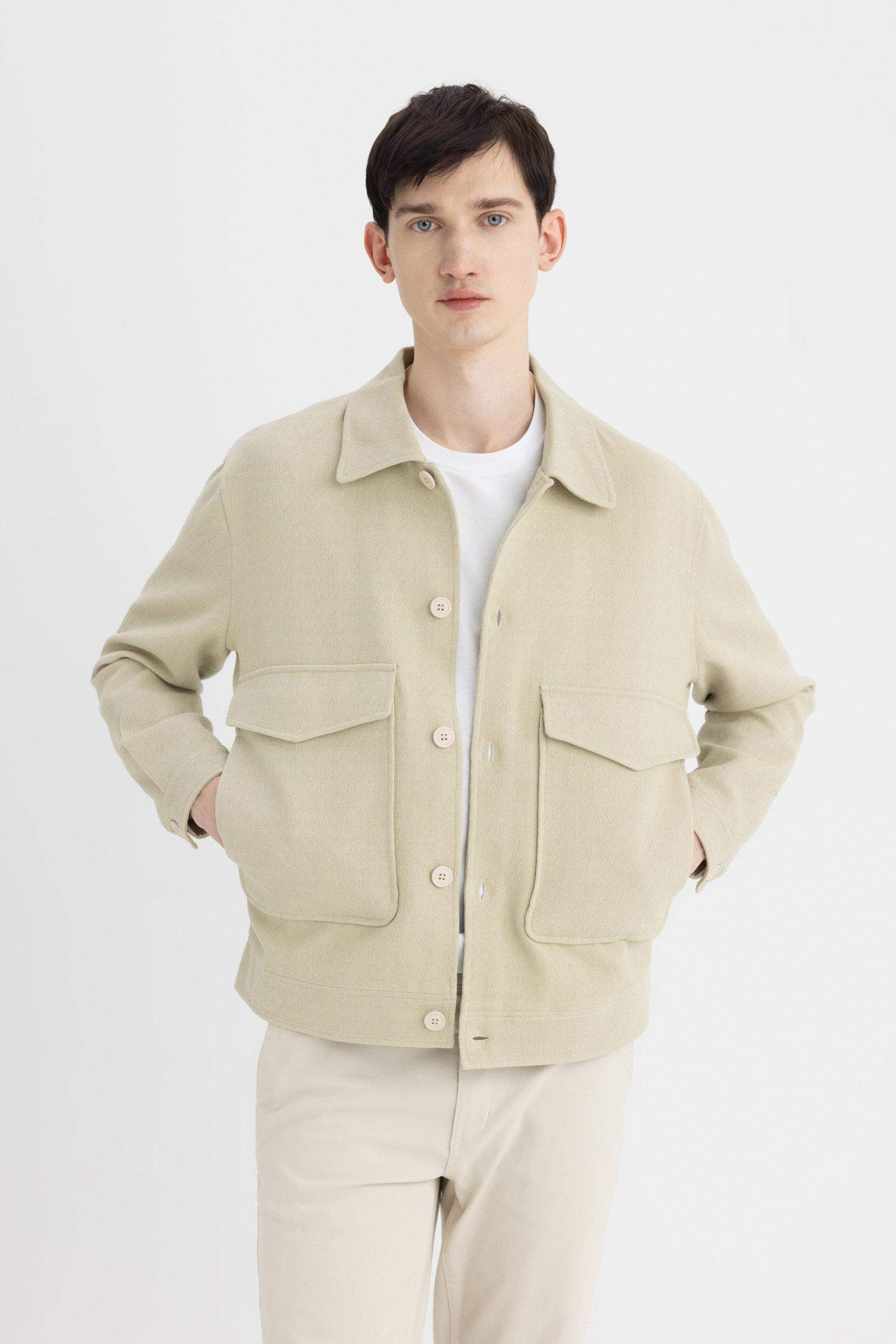 Relax Fit Polo Yaka Astarlı Düğmeli Cepli Mevsimlik Baharlık Keten Ceket Mont