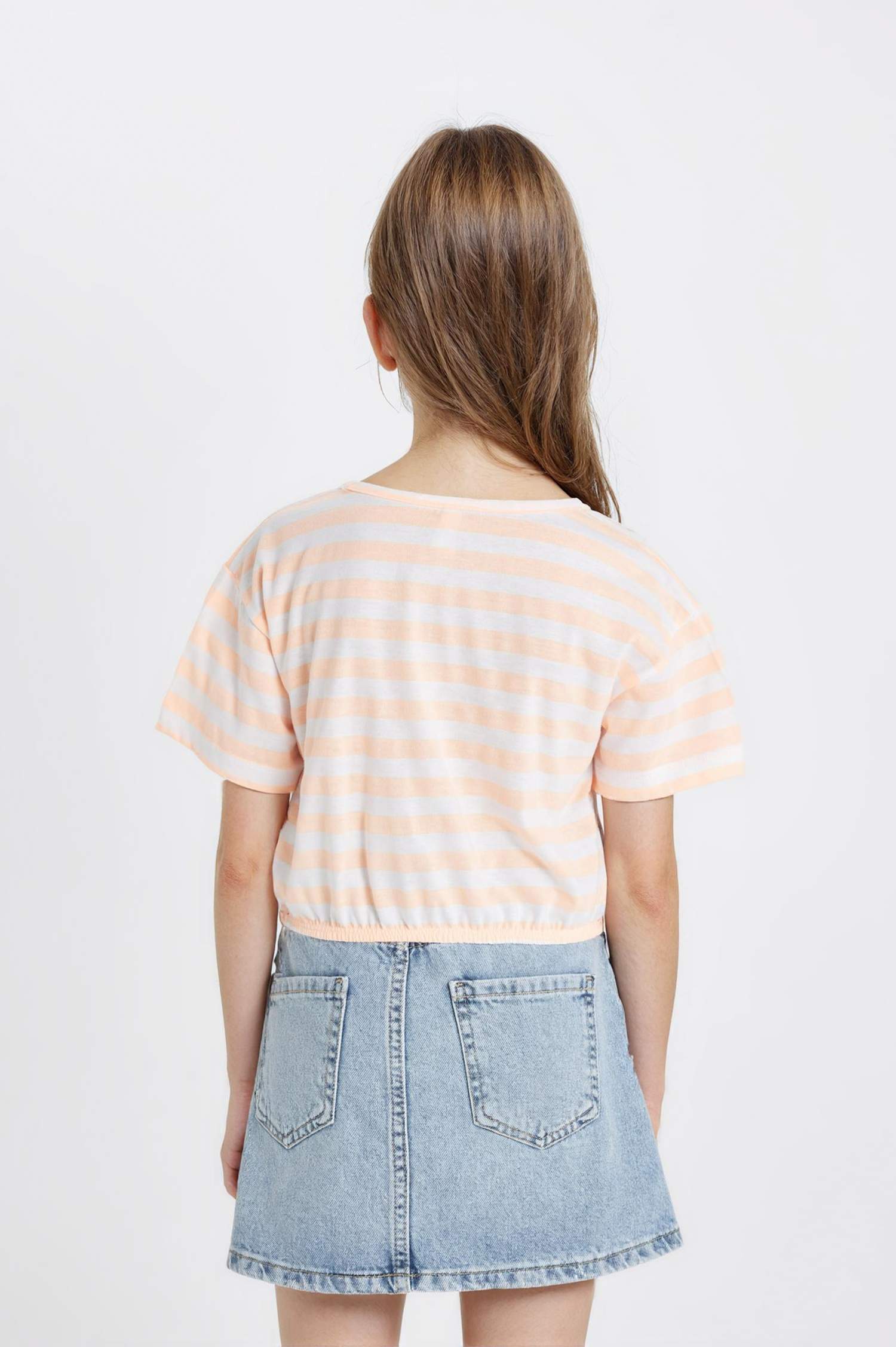 Kız Çocuk Bisiklet Yaka Çizgili Kısa Kollu Tişört