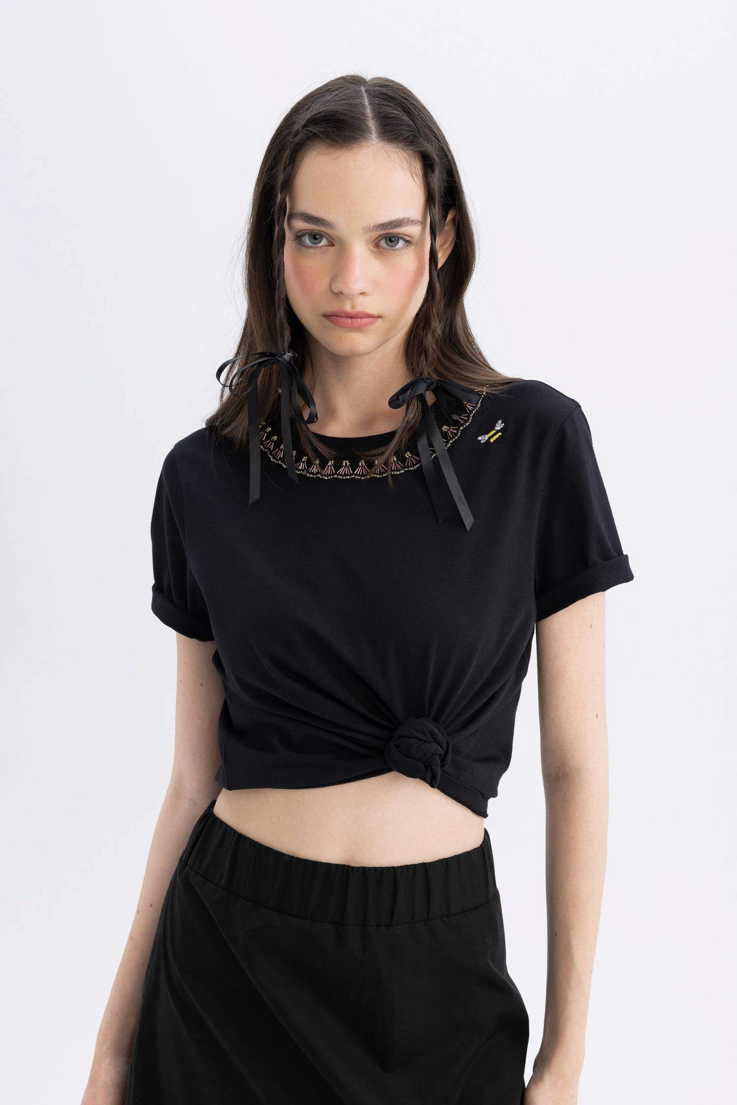 Lug Von Siga x DeFacto Bisiklet Yaka Yaka Baskılı Nakışlı Kısa Kollu Tişört