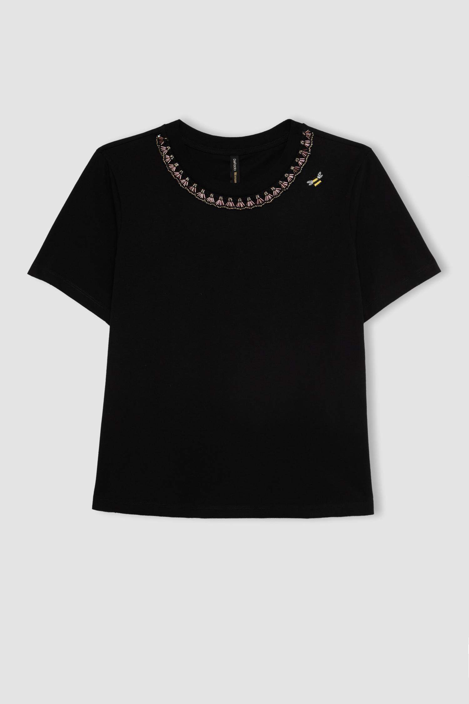 Lug Von Siga x DeFacto Bisiklet Yaka Yaka Baskılı Nakışlı Kısa Kollu Tişört