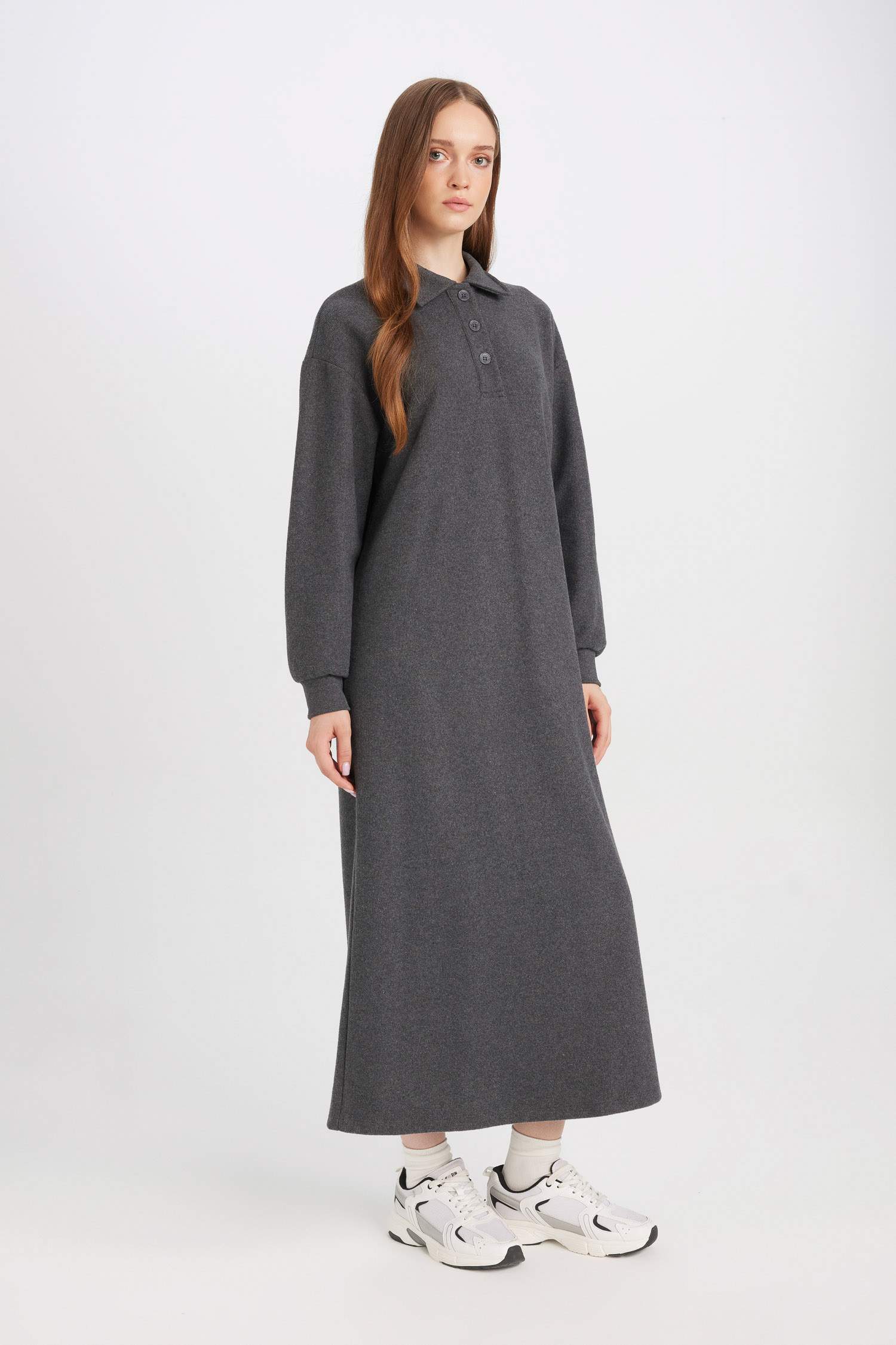 Düğmeli Polo Yaka  Basic Düz Uzun Kollu Selanik Kumaş Maxi Triko Elbise