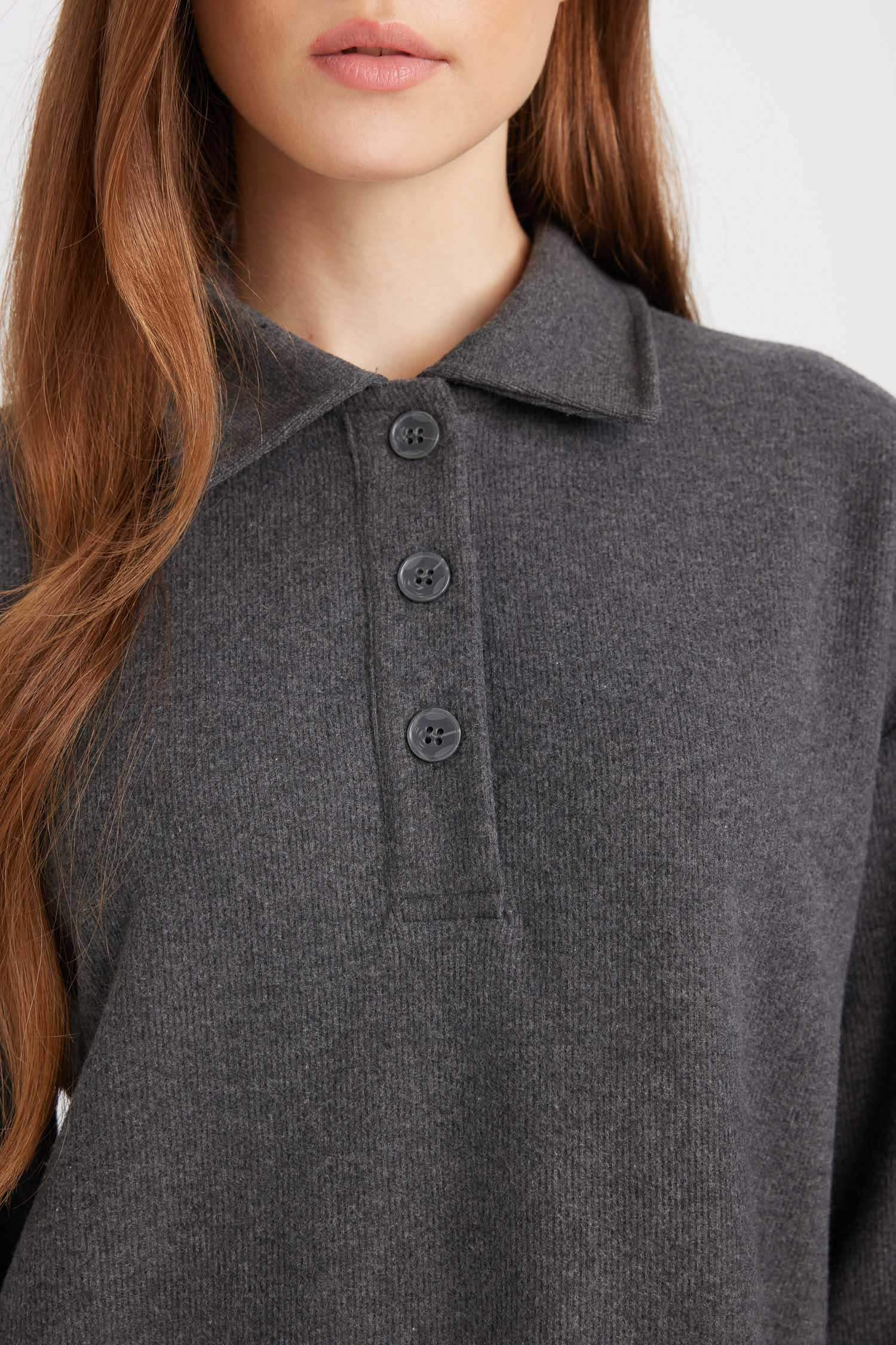 Düğmeli Polo Yaka  Basic Düz Uzun Kollu Selanik Kumaş Maxi Triko Elbise