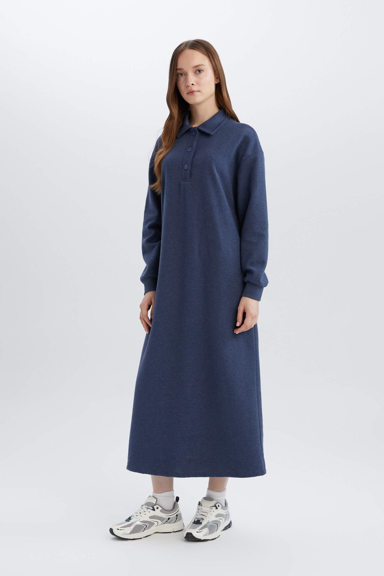 Regular Fit Gömlek Yaka Selanik Kumaş Uzun Kollu Maxi Elbise