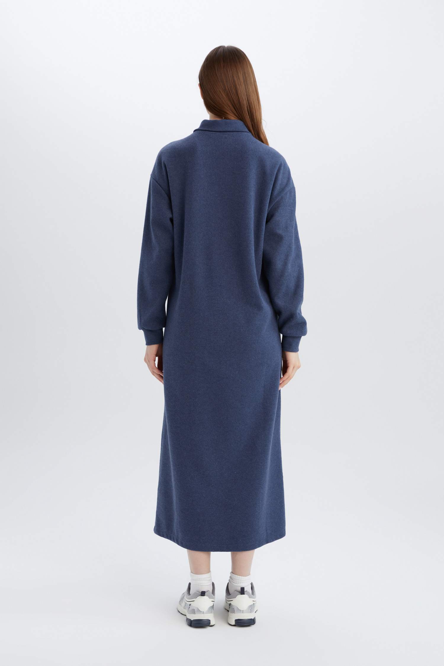 Regular Fit Gömlek Yaka Selanik Kumaş Uzun Kollu Maxi Elbise