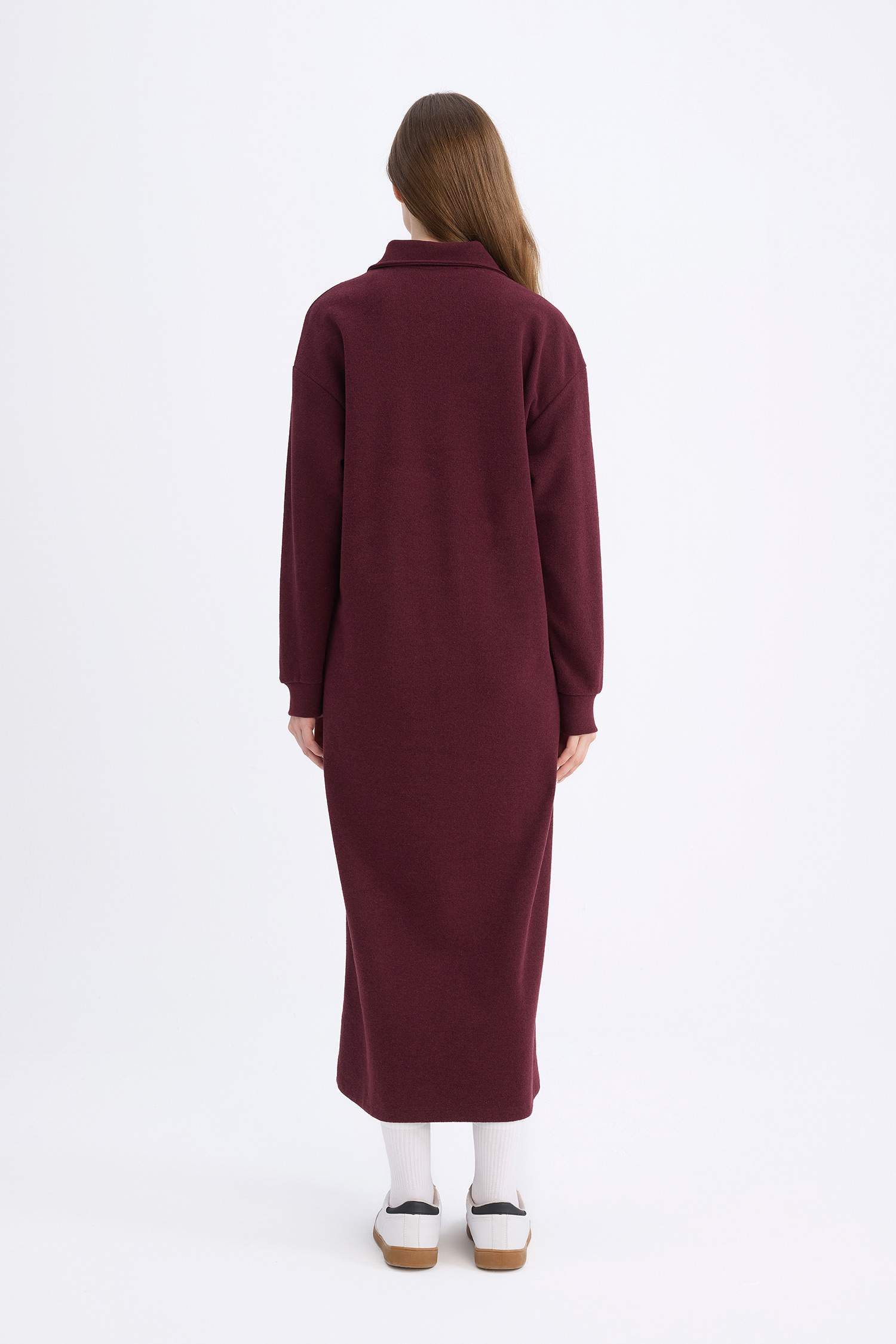 Regular Fit Düğmeli Gömlek Yaka Basic Düz Uzun Kollu Selanik Kumaş Triko Elbise