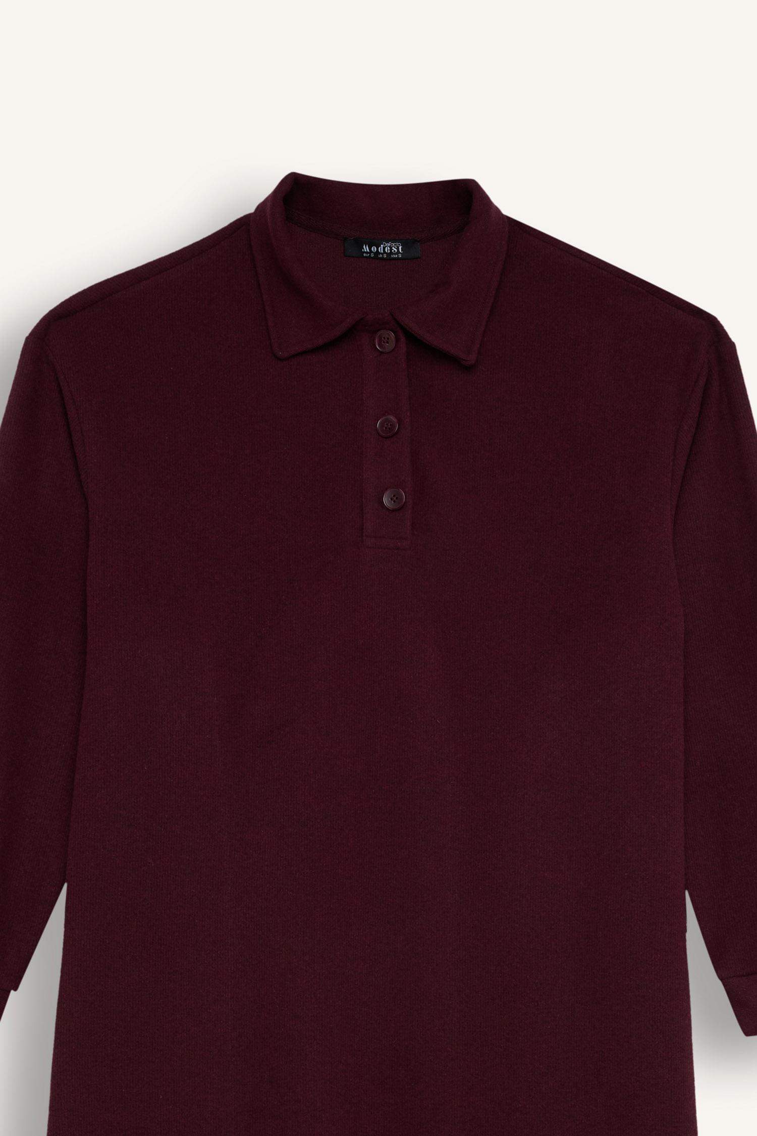 Regular Fit Düğmeli Gömlek Yaka Basic Düz Uzun Kollu Selanik Kumaş Triko Elbise