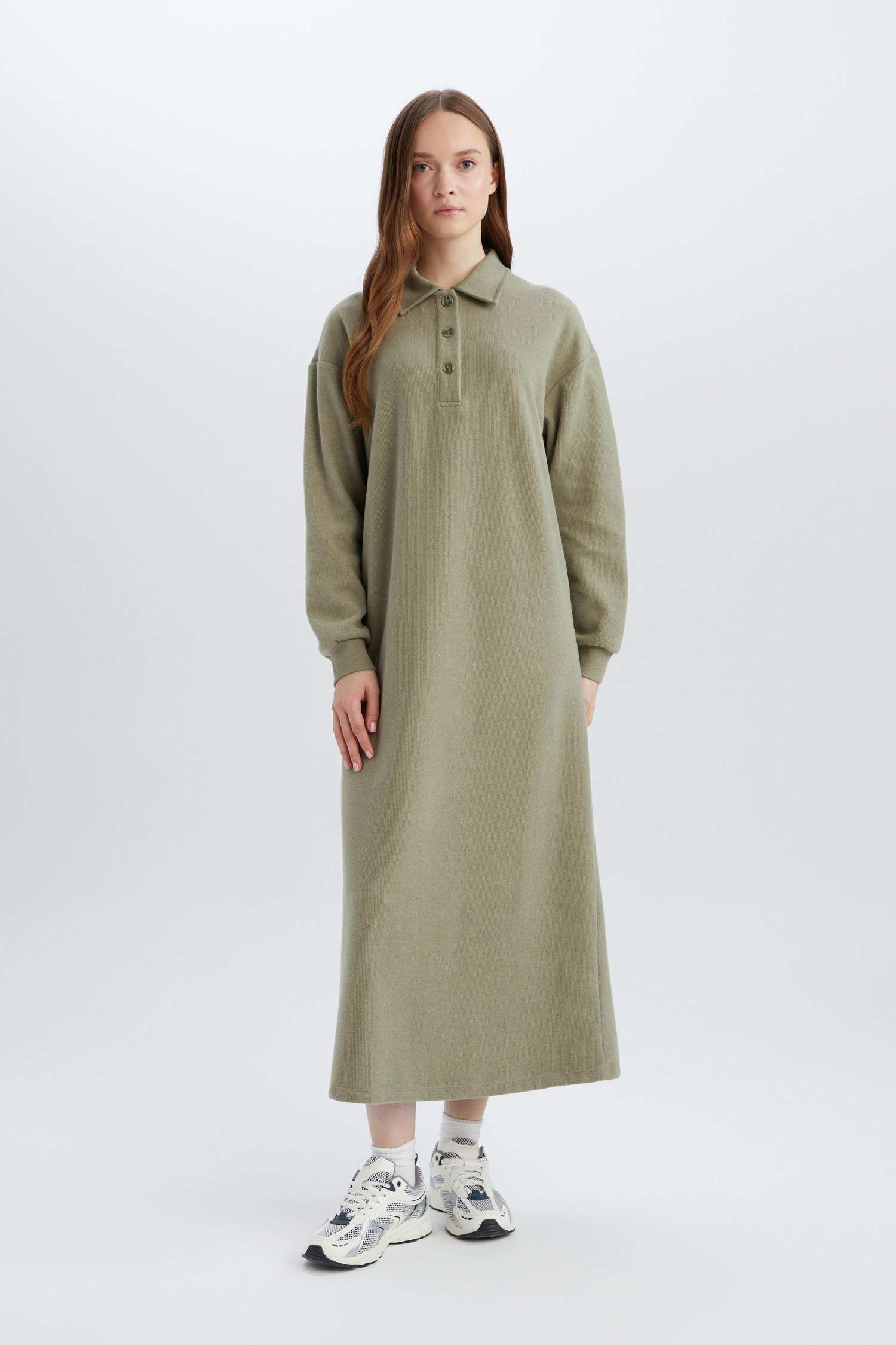 Regular Fit Düğmeli Gömlek Yaka Basic Düz Uzun Kollu Selanik Kumaş  Triko Elbise