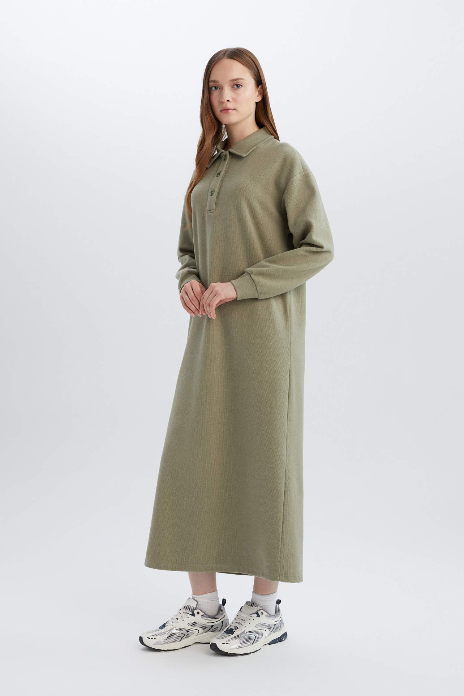 Regular Fit Düğmeli Gömlek Yaka Basic Düz Uzun Kollu Selanik Kumaş  Triko Elbise