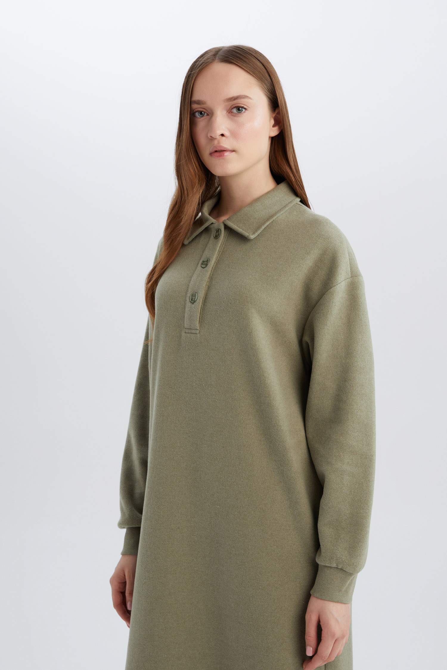 Regular Fit Düğmeli Gömlek Yaka Basic Düz Uzun Kollu Selanik Kumaş  Triko Elbise