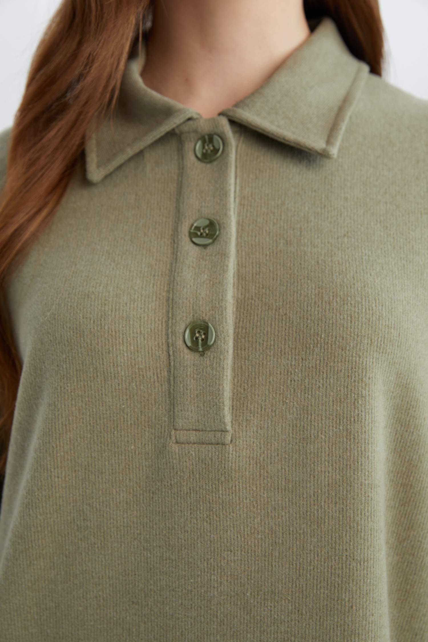 Regular Fit Düğmeli Gömlek Yaka Basic Düz Uzun Kollu Selanik Kumaş  Triko Elbise