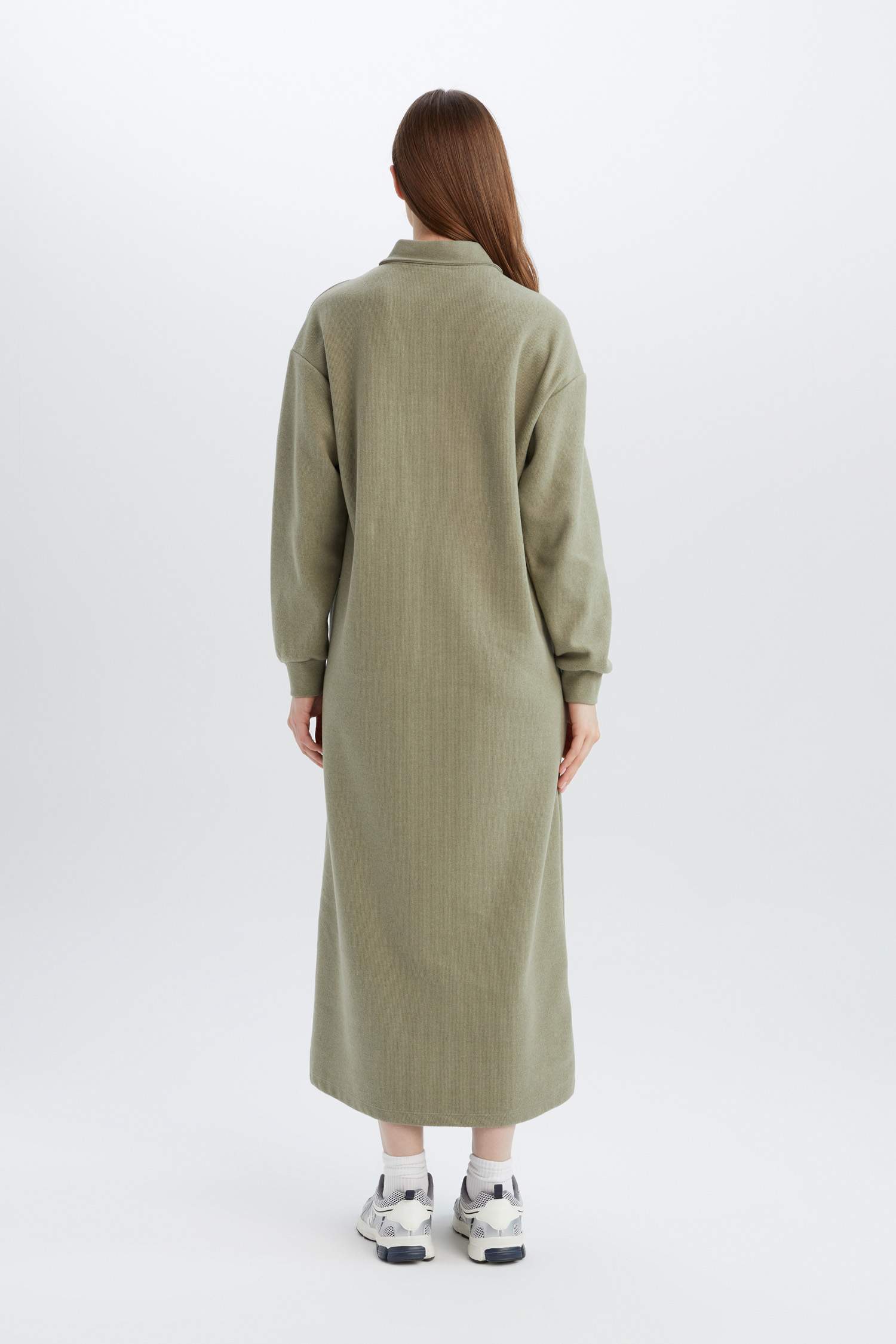 Regular Fit Düğmeli Gömlek Yaka Basic Düz Uzun Kollu Selanik Kumaş  Triko Elbise