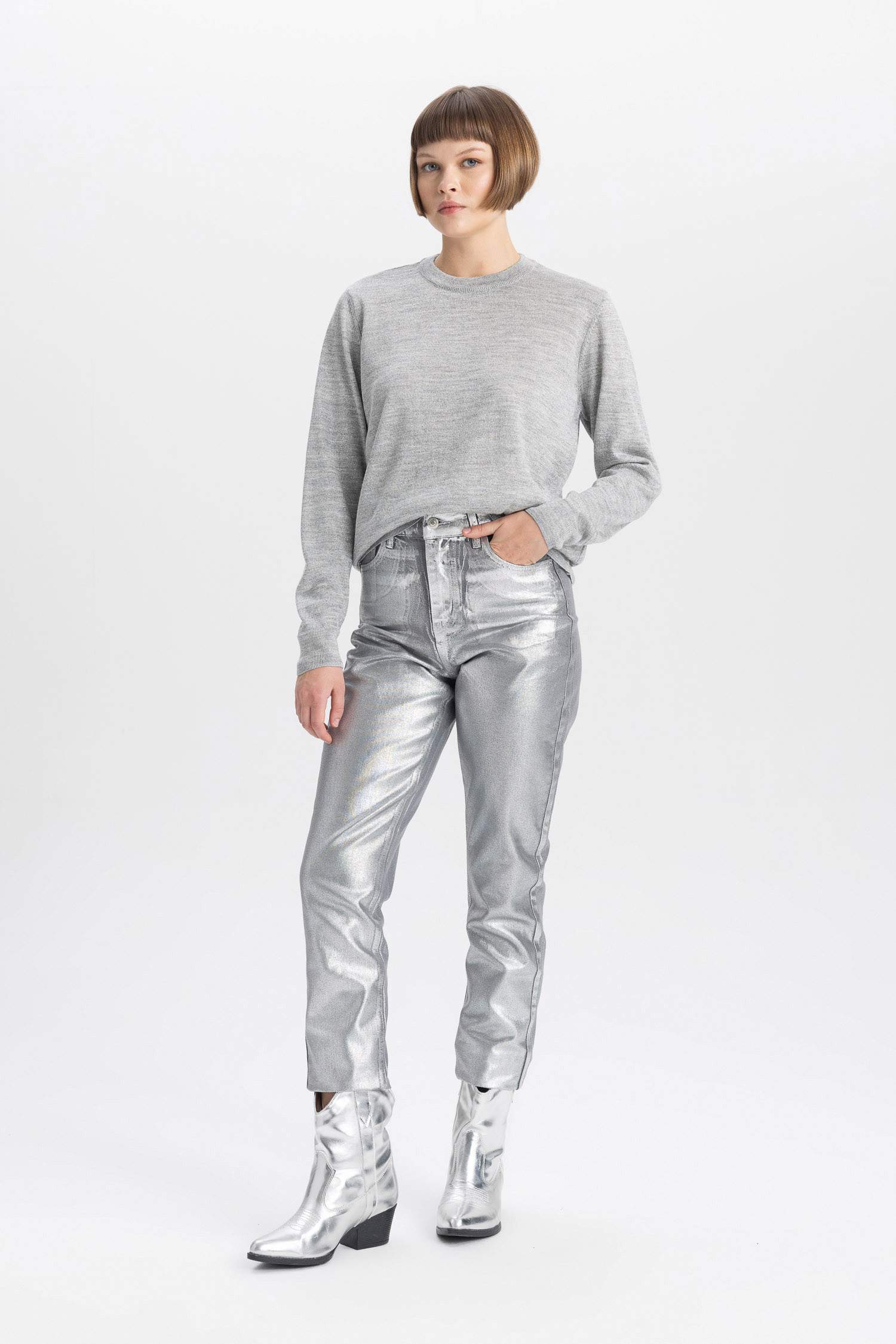 Crew Neck Shiny Fabric Basic Knitted Pullover