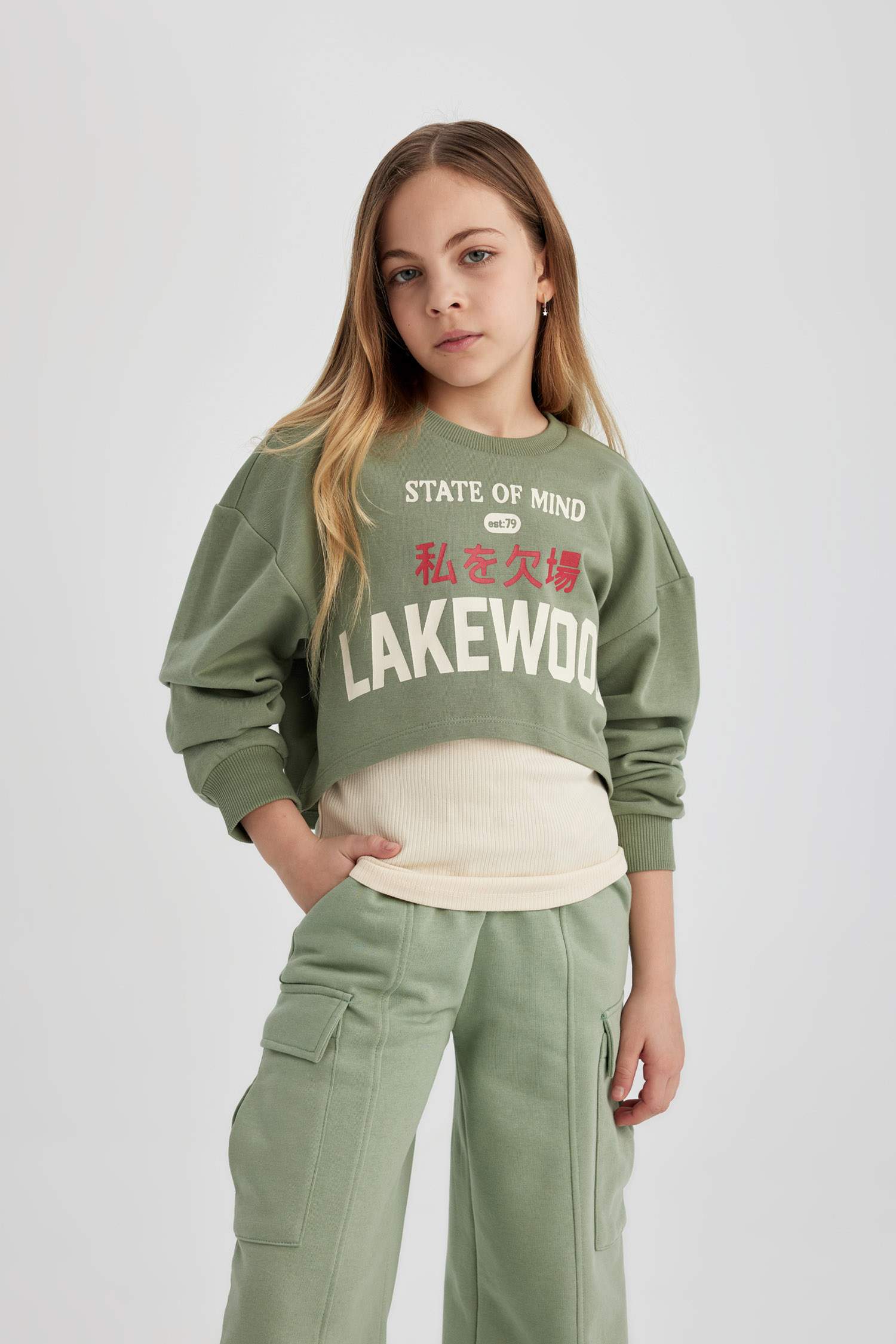 Girl Crew Neck 2 Piece Crop Sweatshirt