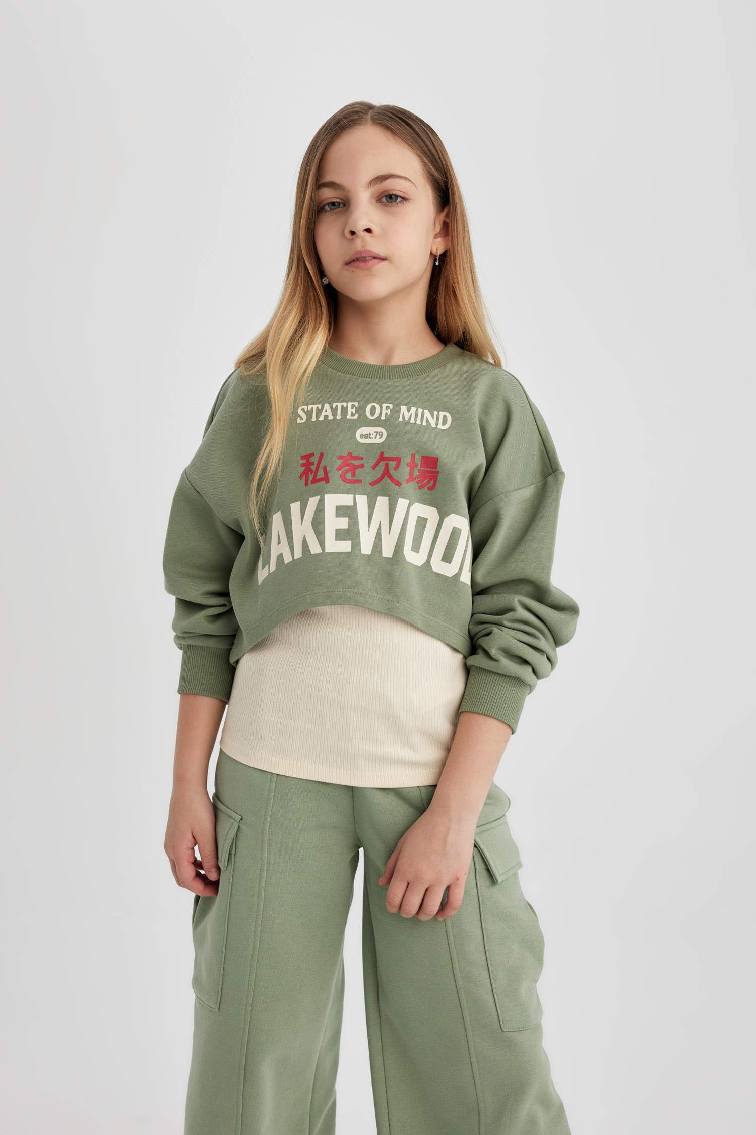 Girl Crew Neck 2 Piece Crop Sweatshirt