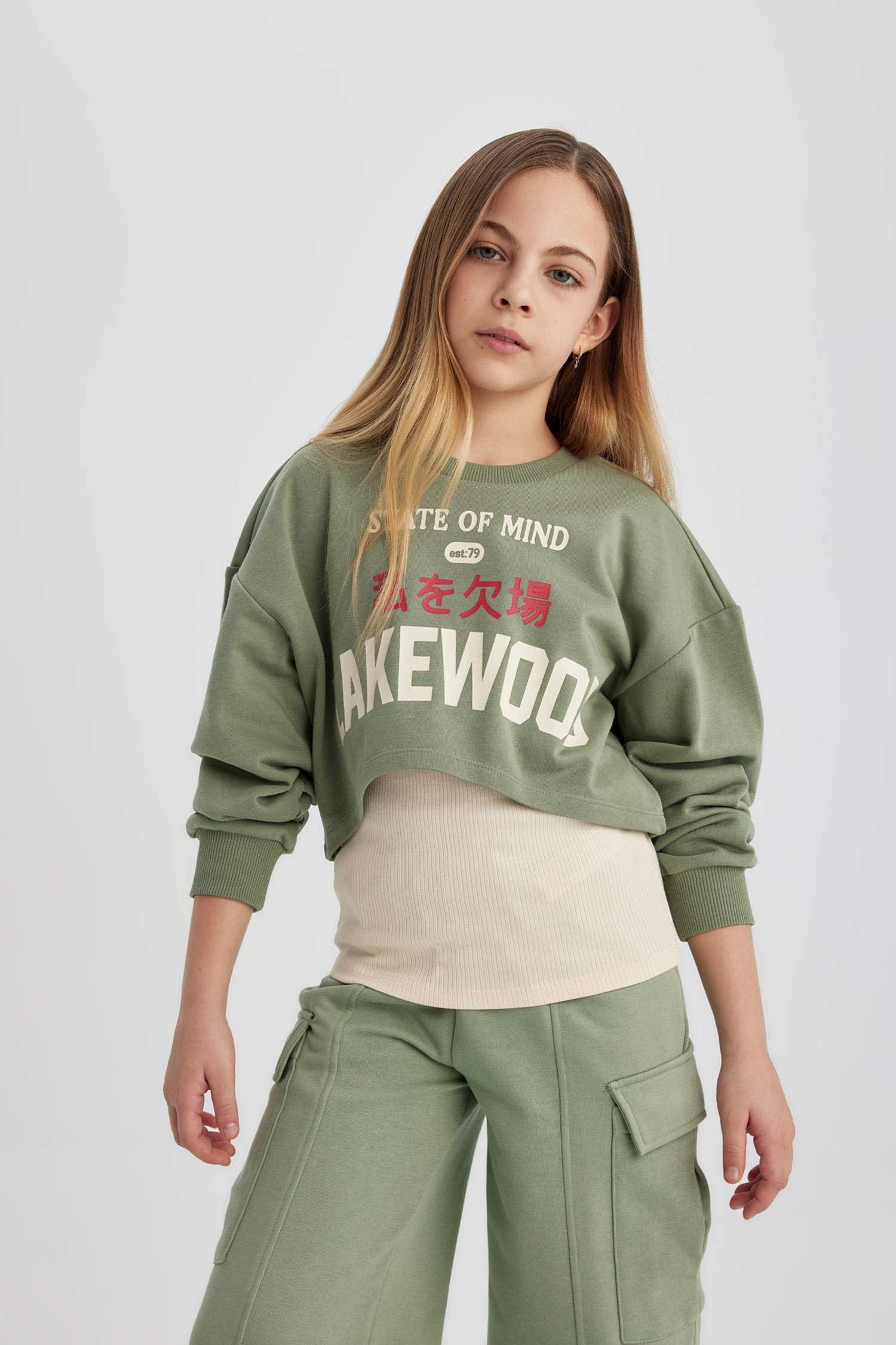 Girl Crew Neck 2 Piece Crop Sweatshirt