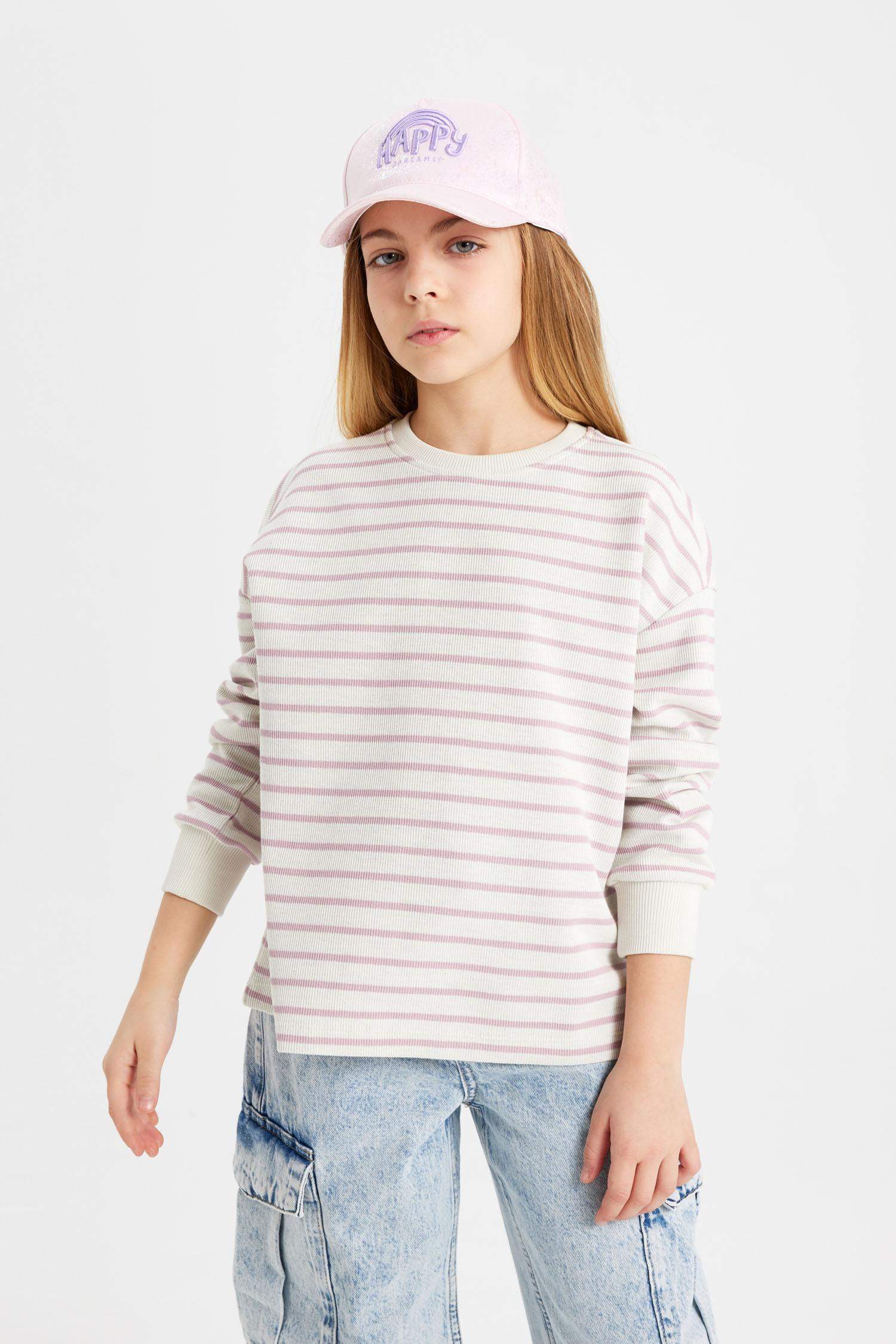 Girl Relax Fit Crew Neck Striped Sweatshirt