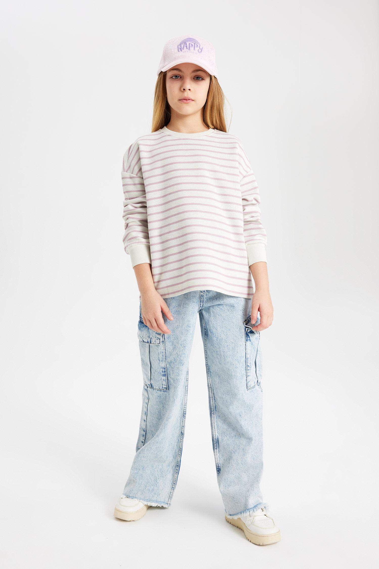 Girl Relax Fit Crew Neck Striped Sweatshirt