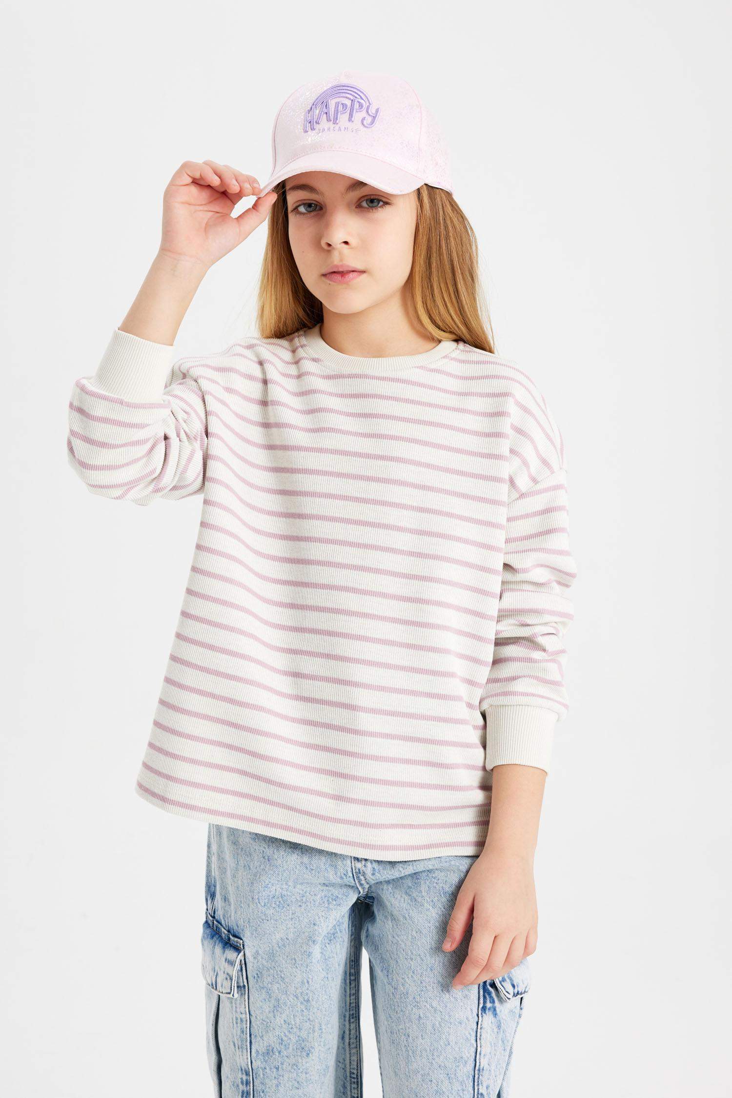 Girl Relax Fit Crew Neck Striped Sweatshirt