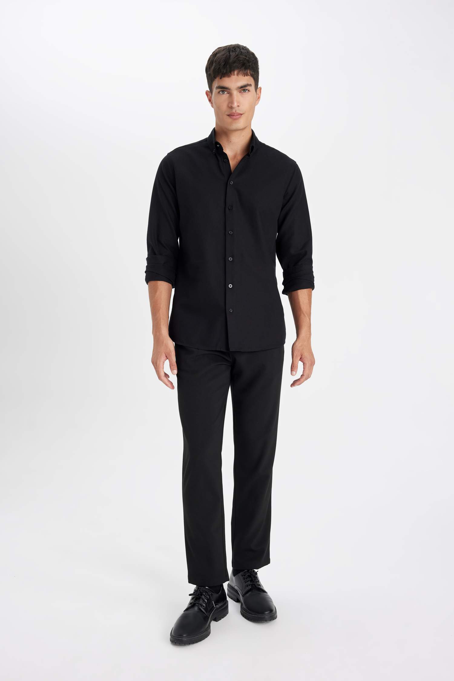 Modern Fit Polo Yaka Petek Dokulu Basic Düz Uzun Kollu Siyah Gömlek