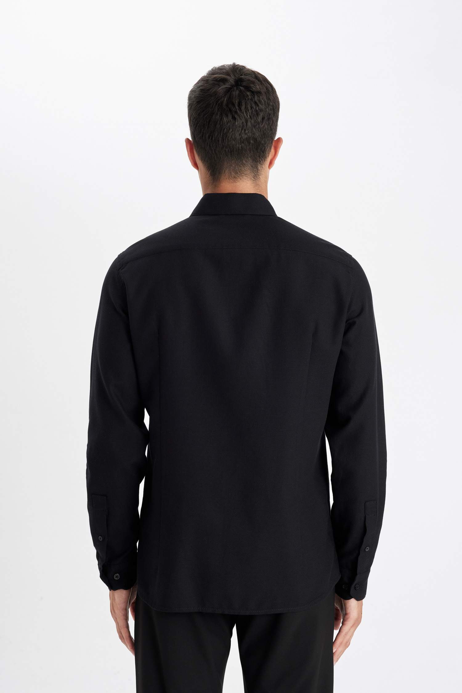 Modern Fit Polo Yaka Petek Dokulu Basic Düz Uzun Kollu Siyah Gömlek