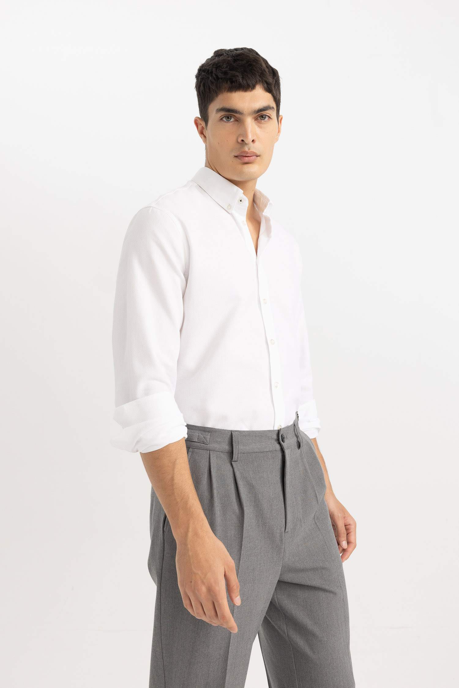 %100 Pamuk Beyaz Modern Fit Polo Yaka Petek Dokulu Basic Düz Uzun Kollu Gömlek