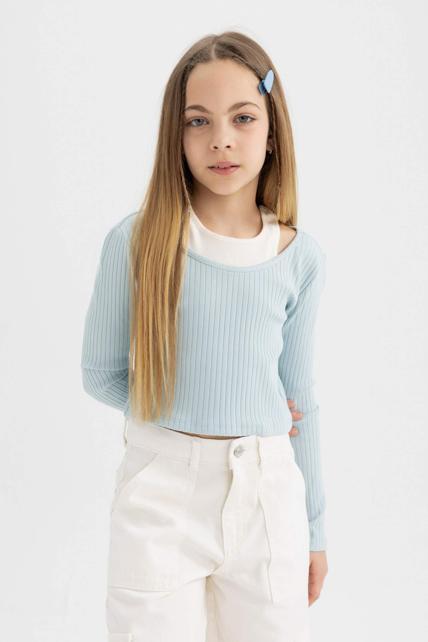 Kız Çocuk Slim Fit Dar Kesim Bisiklet Yaka Fitilli Kaşkorse Uzun Kollu Tişört