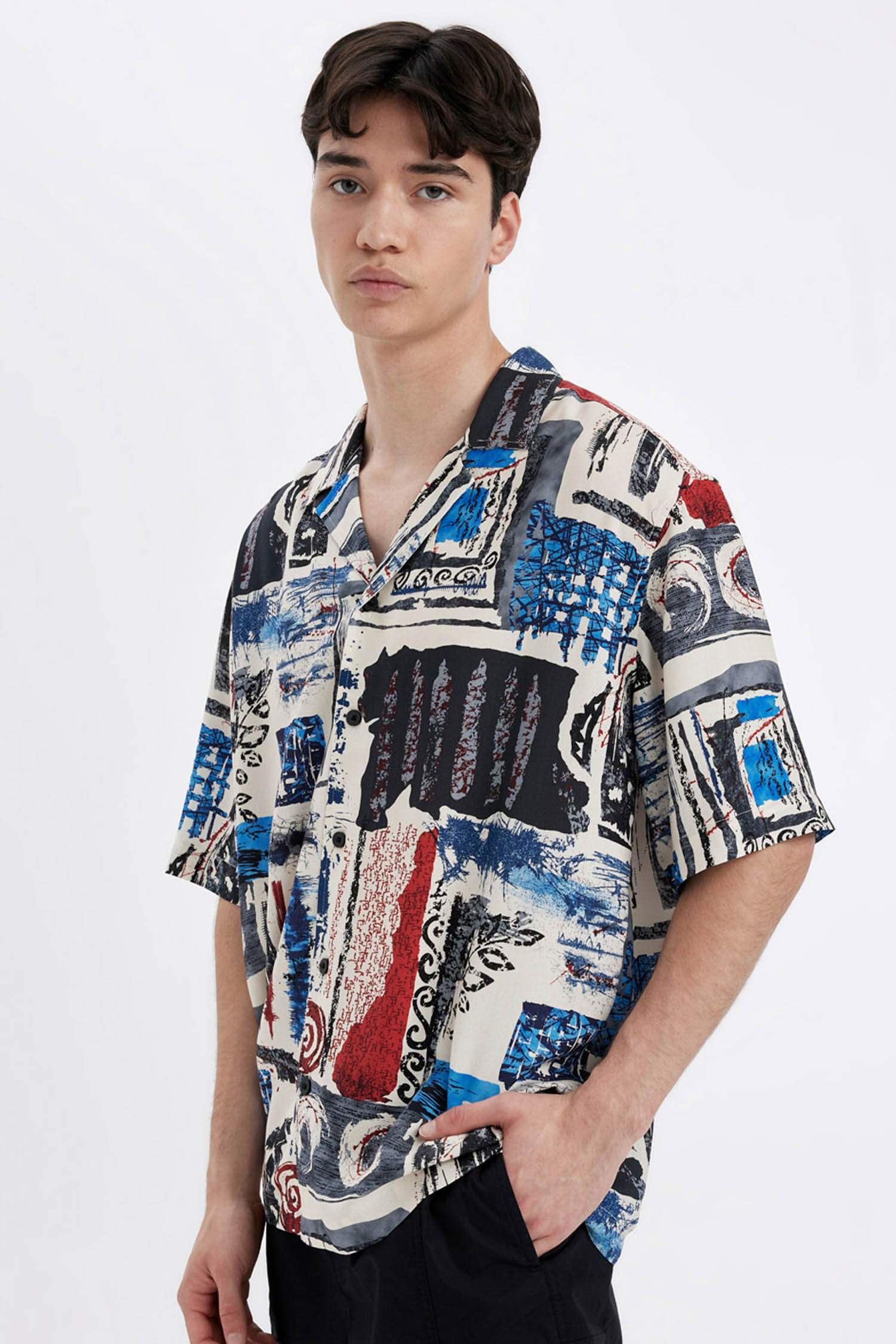 Relax Fit Printed Viscose Short Sleeve Shirt