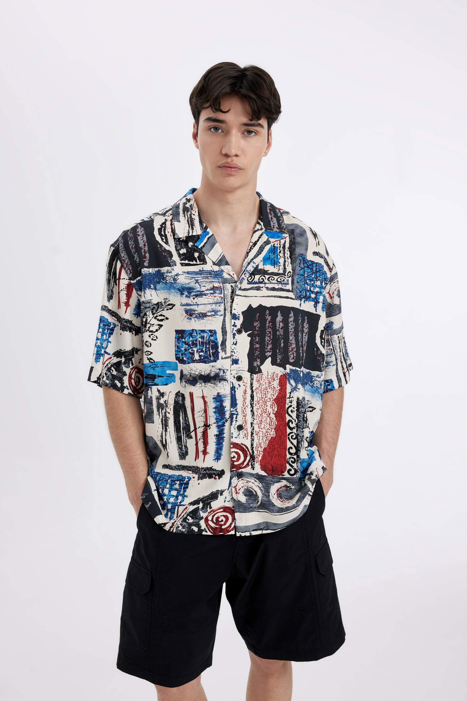 Relax Fit Printed Viscose Short Sleeve Shirt