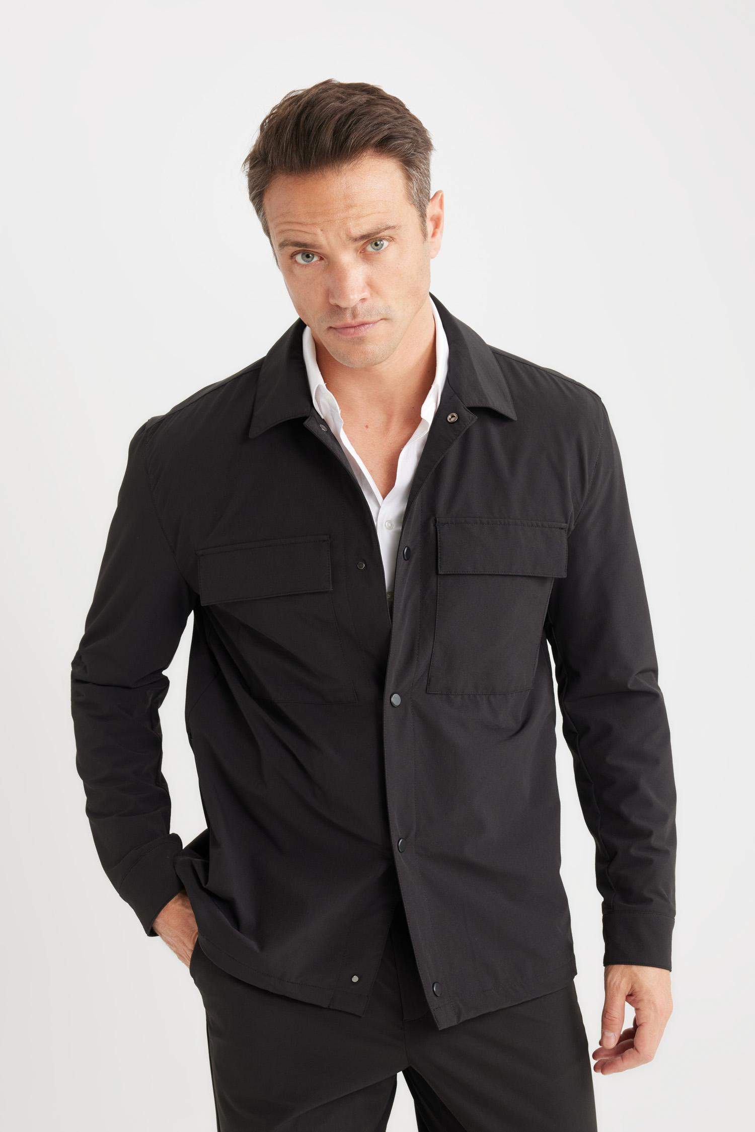 Regular Fit Polo Yaka Çıtçıtlı Cepli Teknik Gömlek Ceket