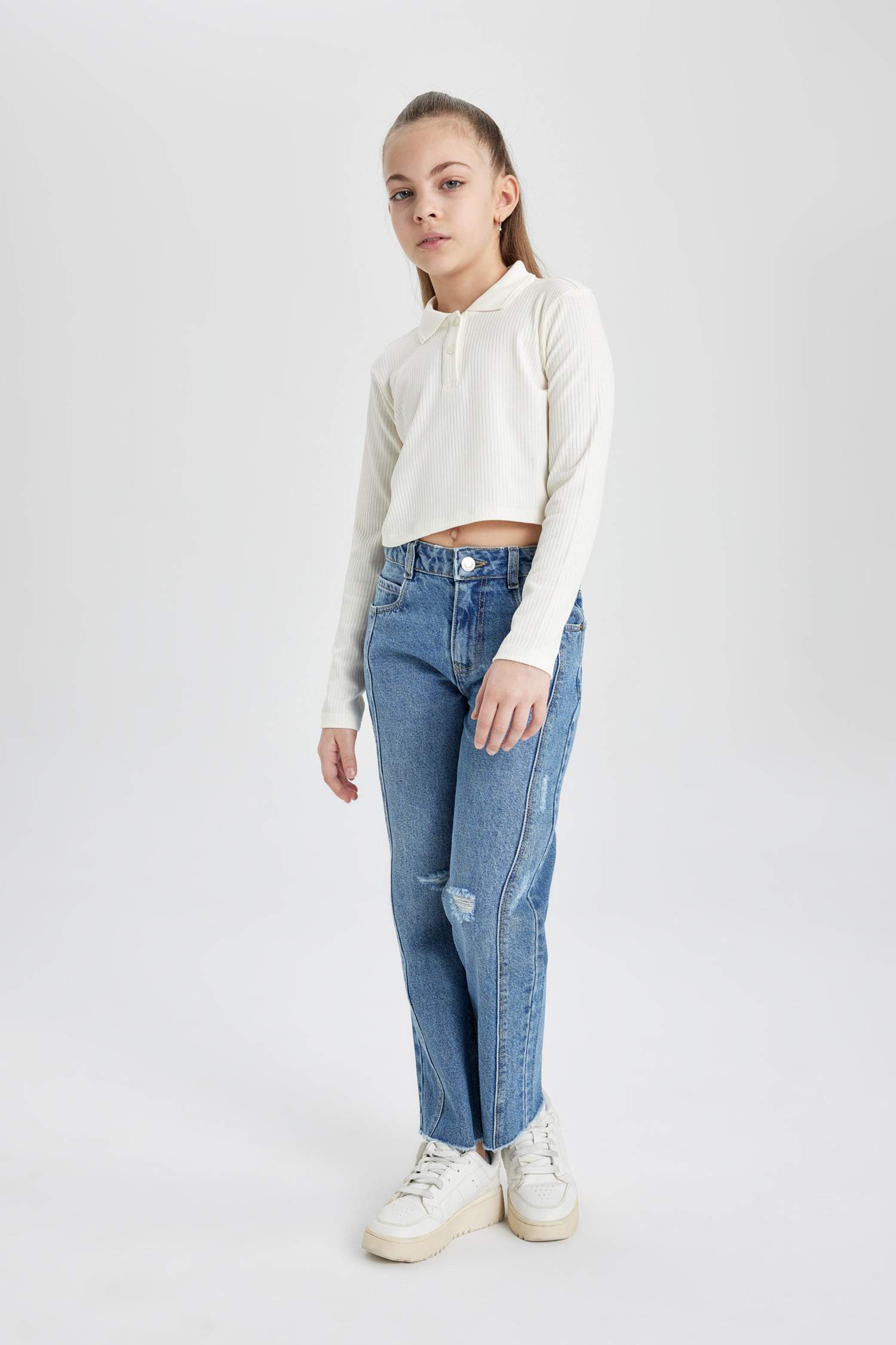 Kız Çocuk Polo Yaka Ribana Uzun Kollu Basic Düz Tişört