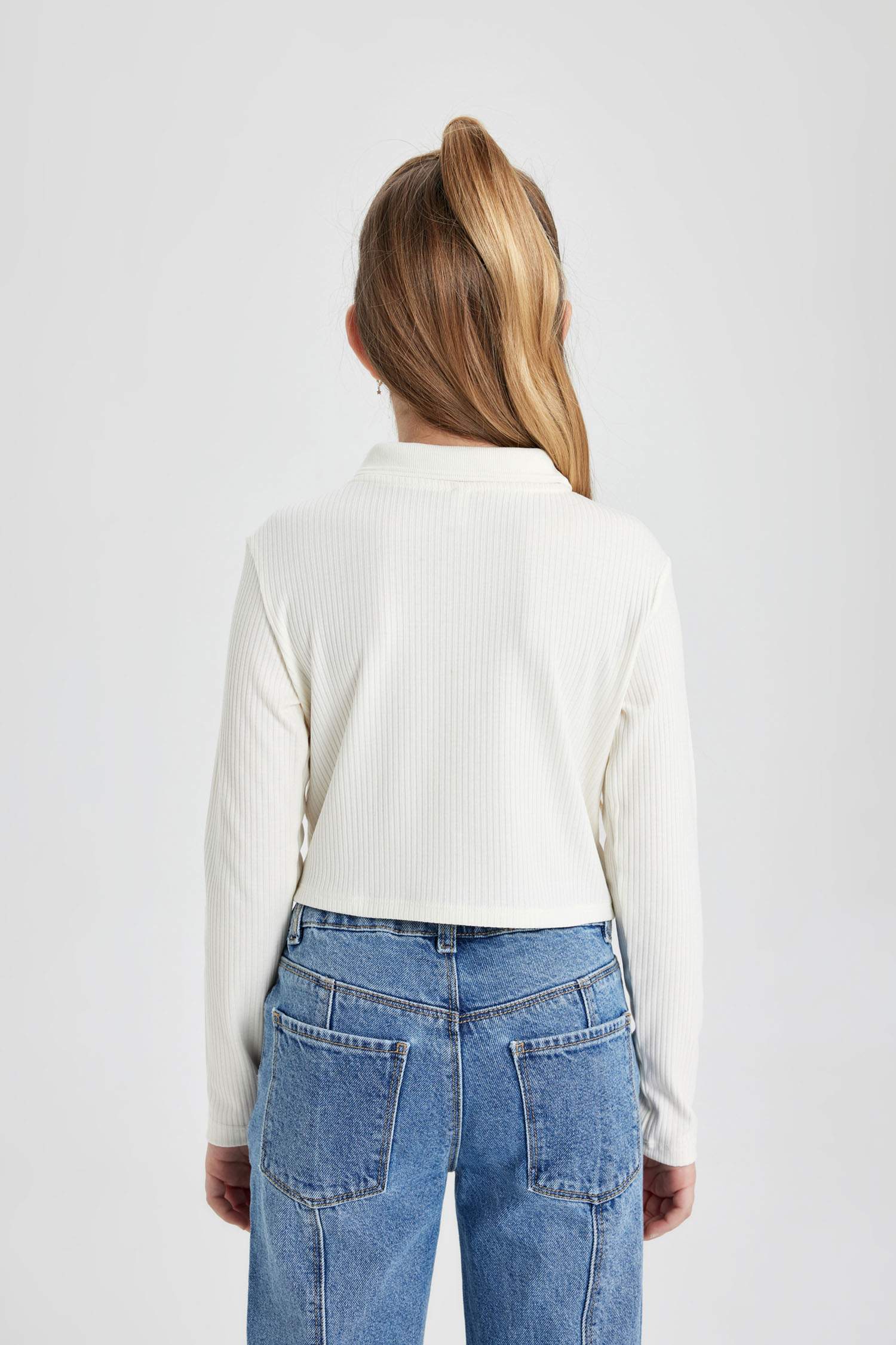 Kız Çocuk Polo Yaka Ribana Uzun Kollu Basic Düz Tişört