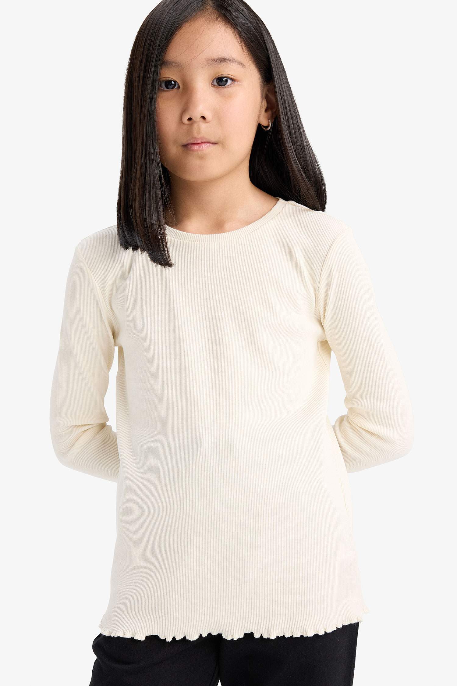 Kız Çocuk Okula Dönüş Slim Fit Dar Kesim Bisiklet Yaka Ribana Uzun Kollu Basic Düz Tişört