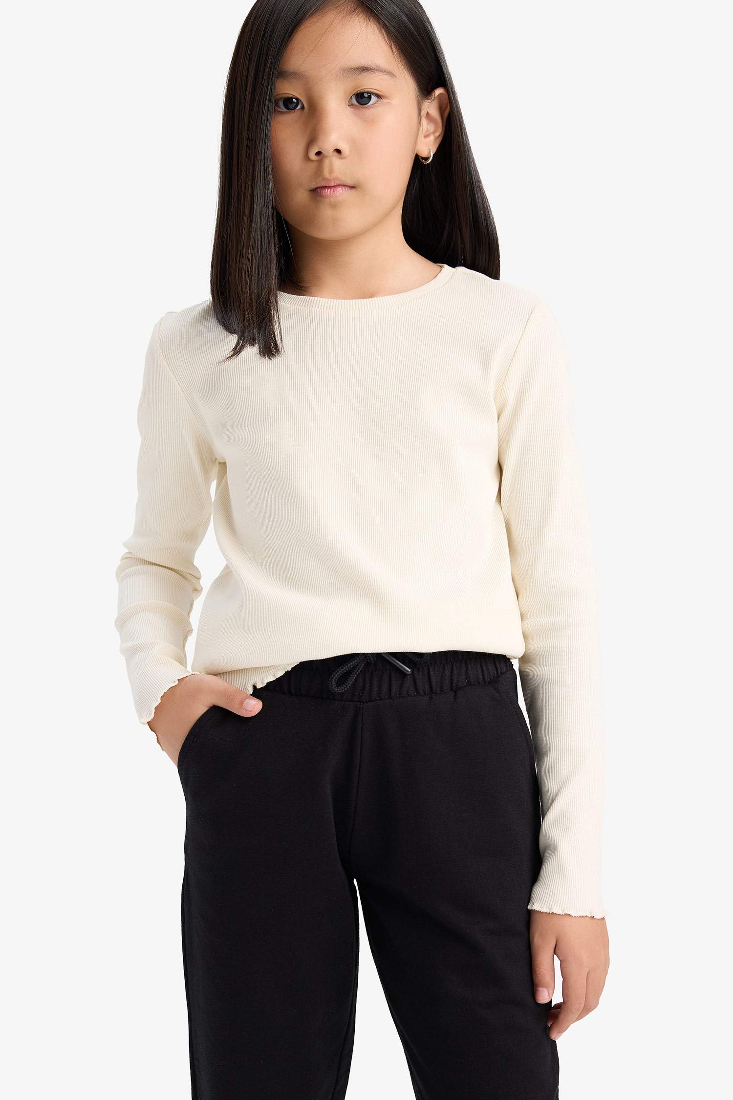 Kız Çocuk Okula Dönüş Slim Fit Dar Kesim Bisiklet Yaka Ribana Uzun Kollu Basic Düz Tişört