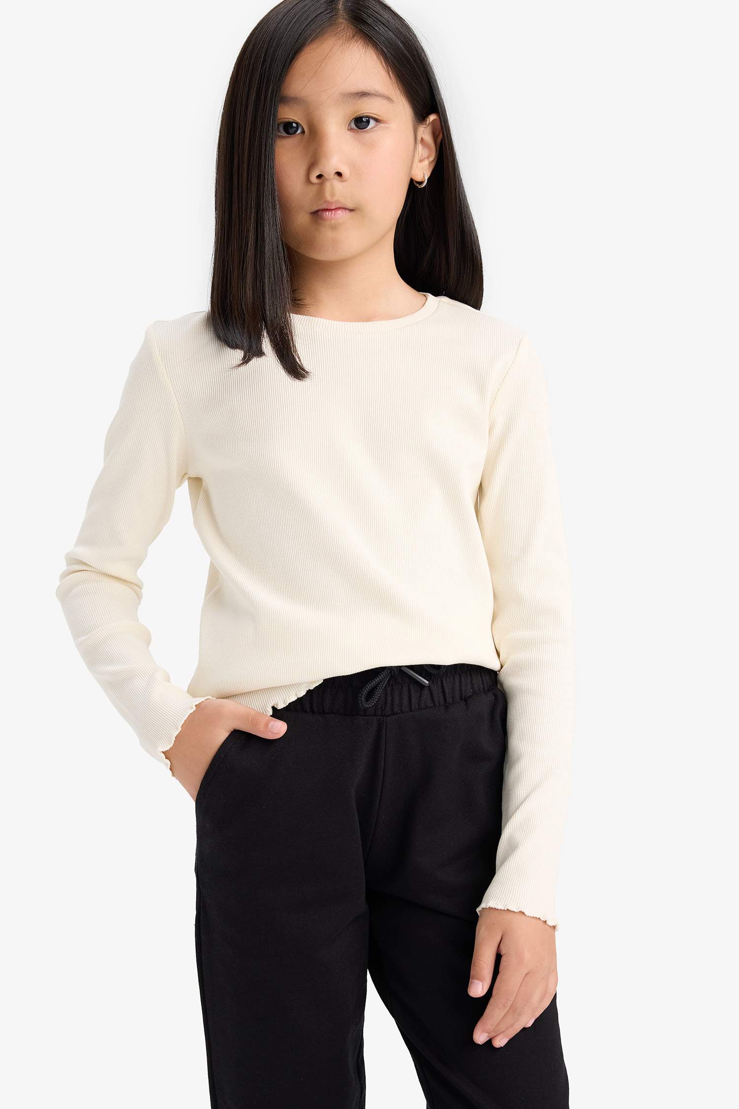 Kız Çocuk Okula Dönüş Slim Fit Dar Kesim Bisiklet Yaka Ribana Uzun Kollu Basic Düz Tişört