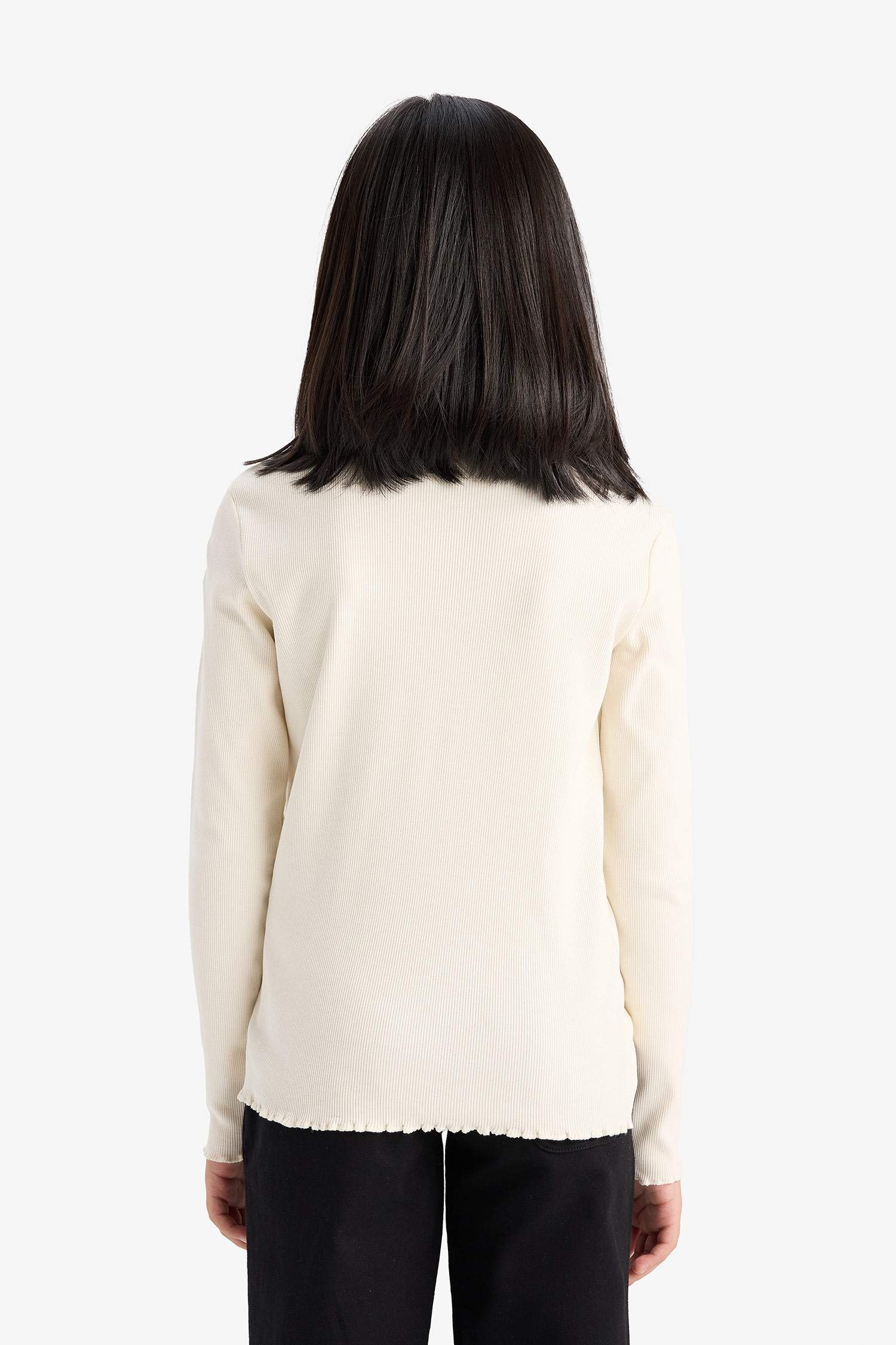 Kız Çocuk Okula Dönüş Slim Fit Dar Kesim Bisiklet Yaka Ribana Uzun Kollu Basic Düz Tişört