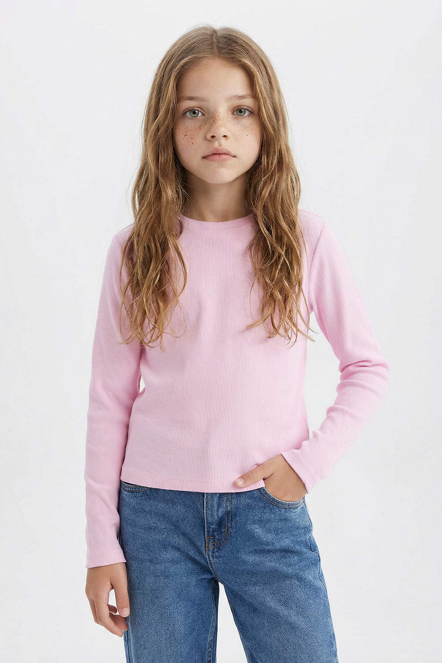 T-shirt slim basique à manches longues et col rond pour fille