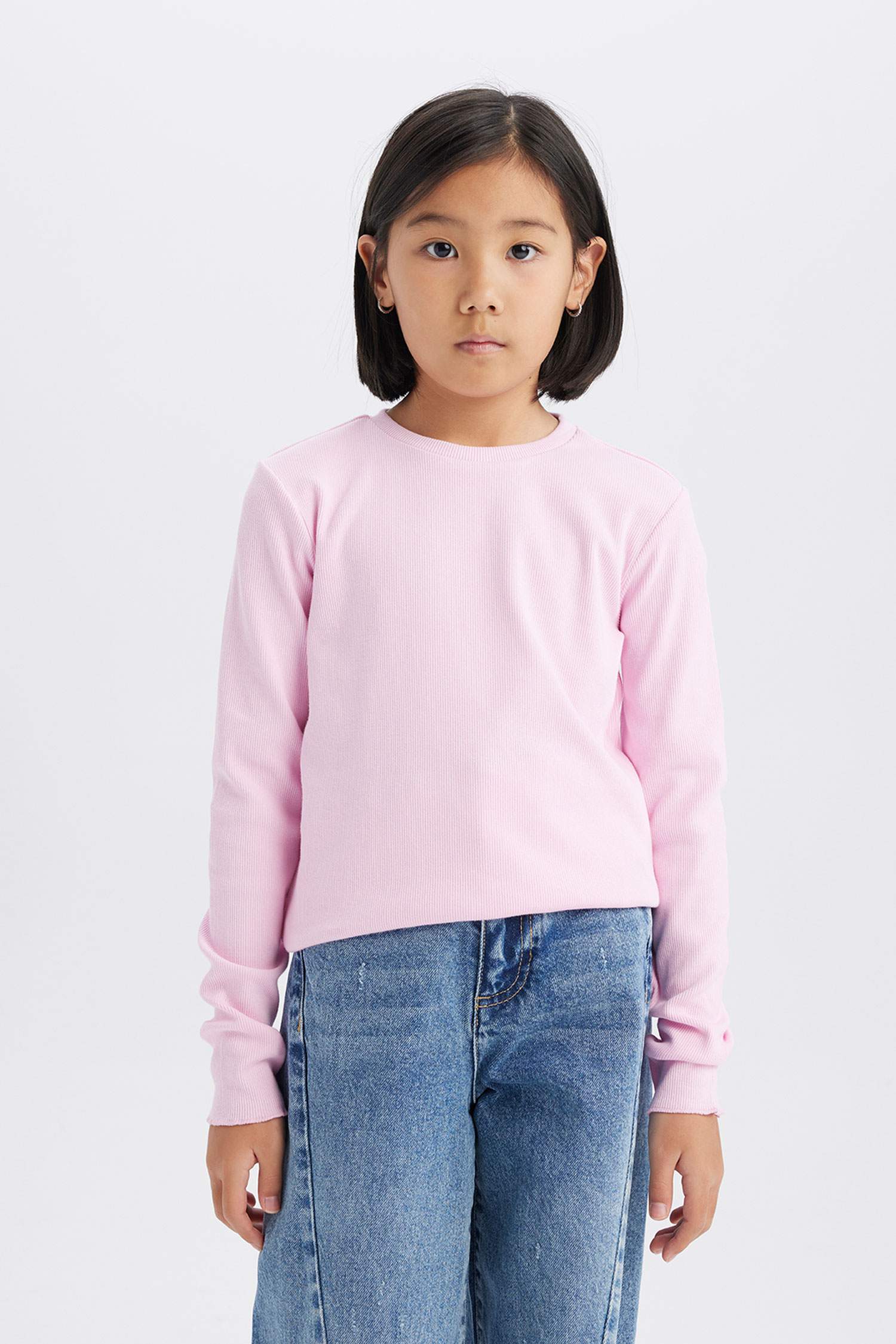 Kız Çocuk Slim Fit Dar Kesim Bisiklet Yaka Ribana Uzun Kollu Basic Düz Okul Tişörtü