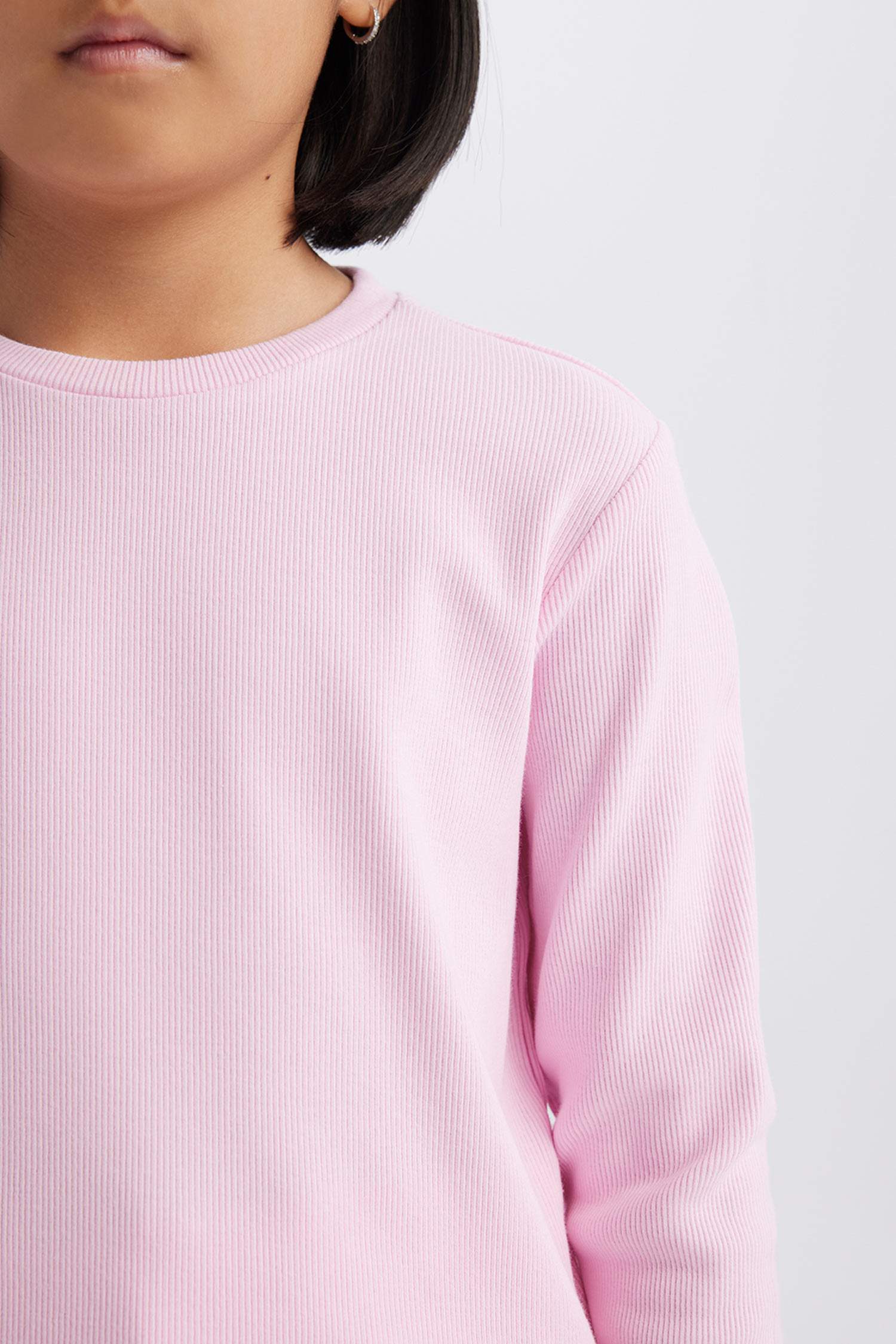 Kız Çocuk Slim Fit Dar Kesim Bisiklet Yaka Ribana Uzun Kollu Basic Düz Okul Tişörtü