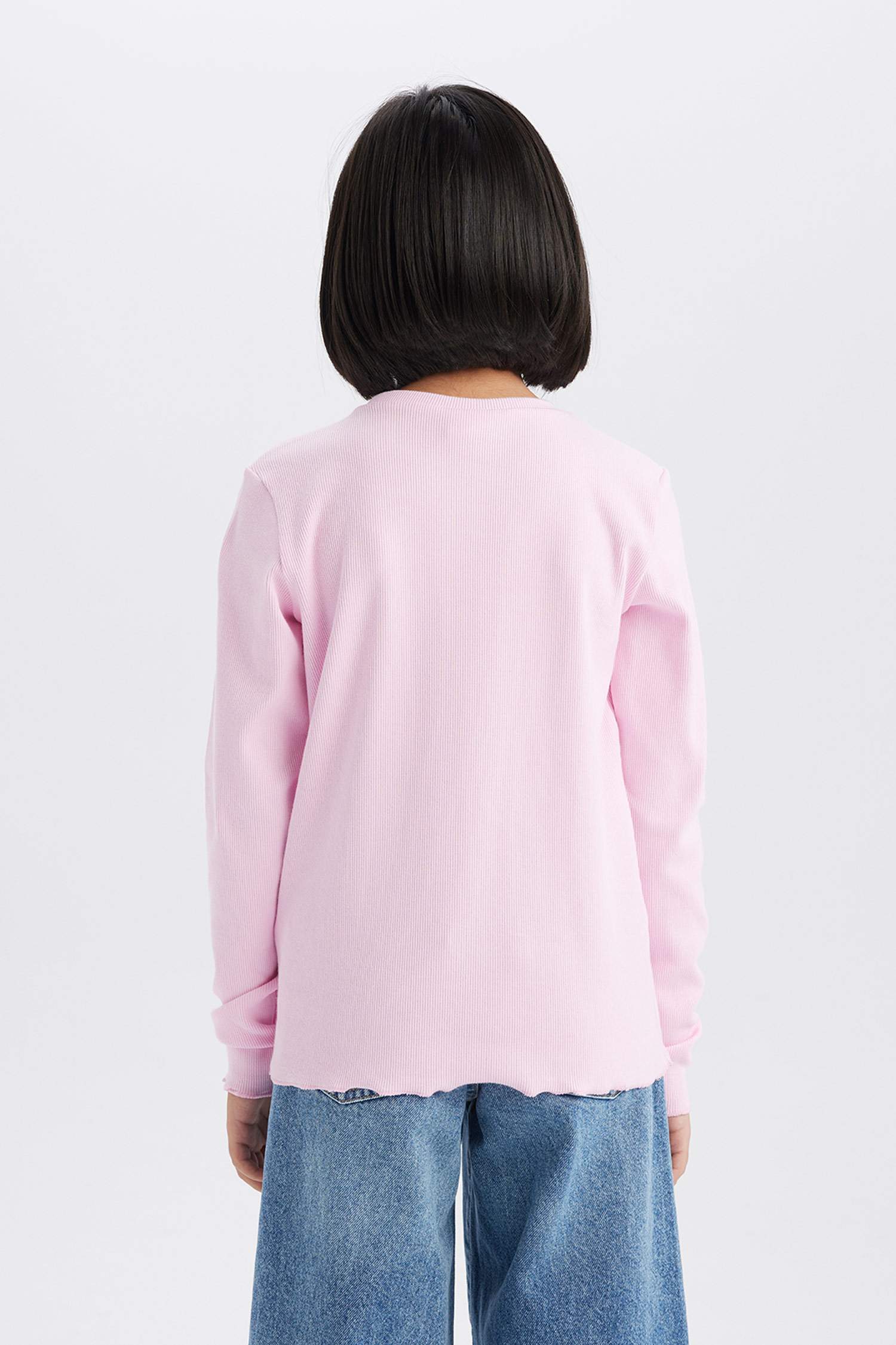 Kız Çocuk Slim Fit Dar Kesim Bisiklet Yaka Ribana Uzun Kollu Basic Düz Okul Tişörtü