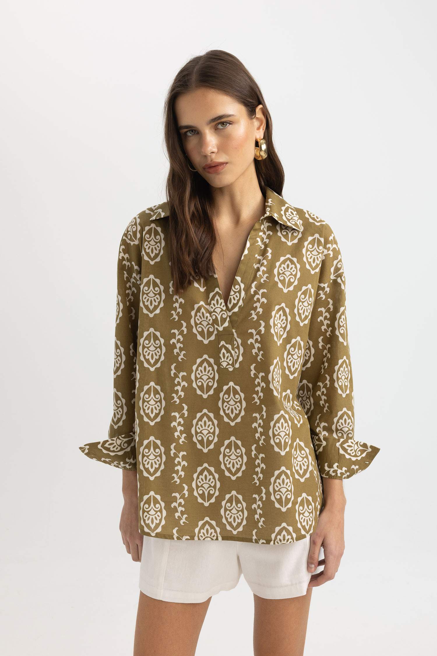 Blouse Oversize à Manches Longues en Voile Col Rond