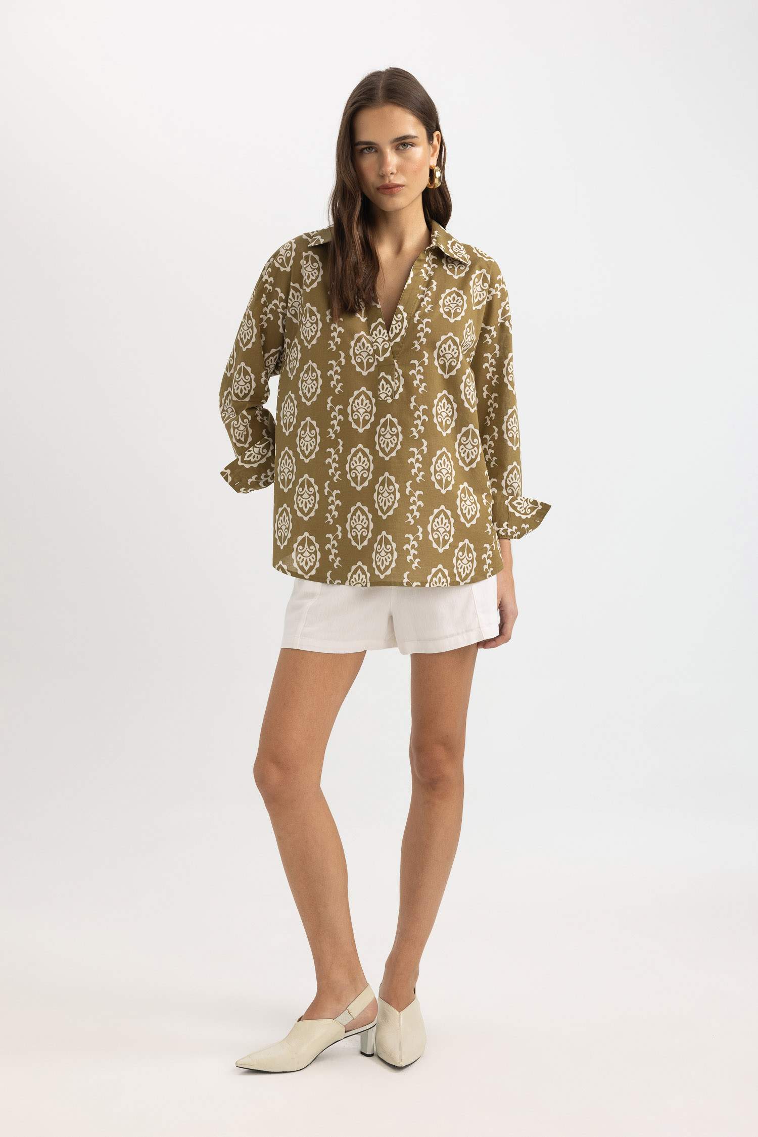 Blouse Oversize à Manches Longues en Voile Col Rond