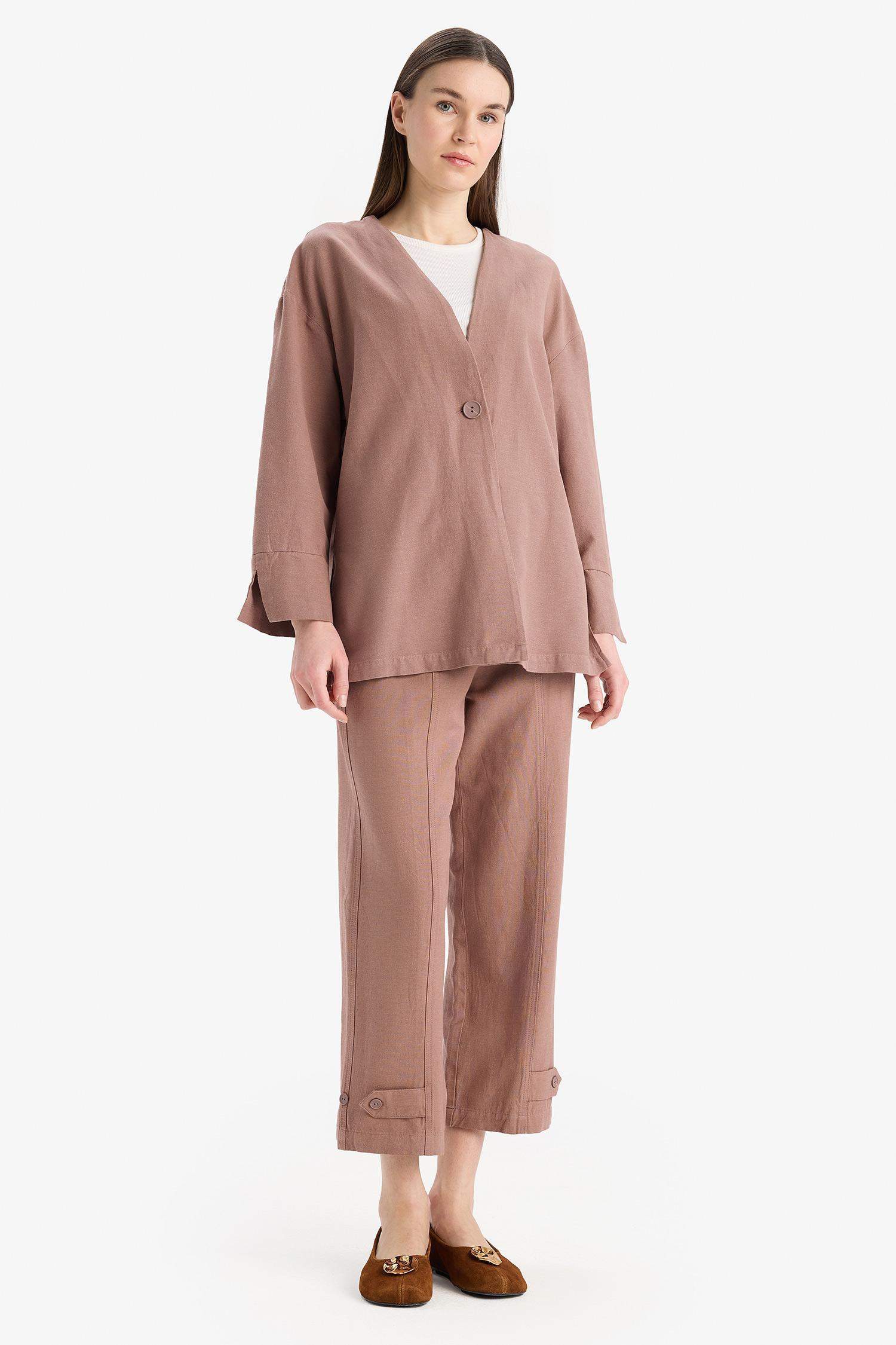 	Keten Karışımlı Basic Düz Kısa Paça Harem Pantolon