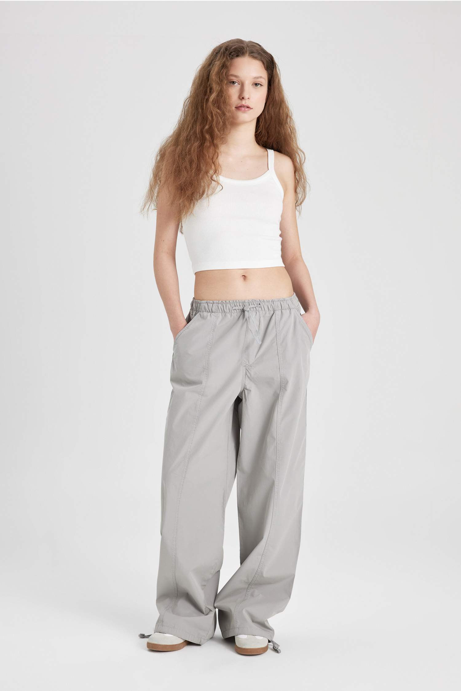 Poplin Pantolon Wide Leg Çift Cepli Yüksek Esnek Belli Standart Boy Ayarlanabilir Lastikli Paça