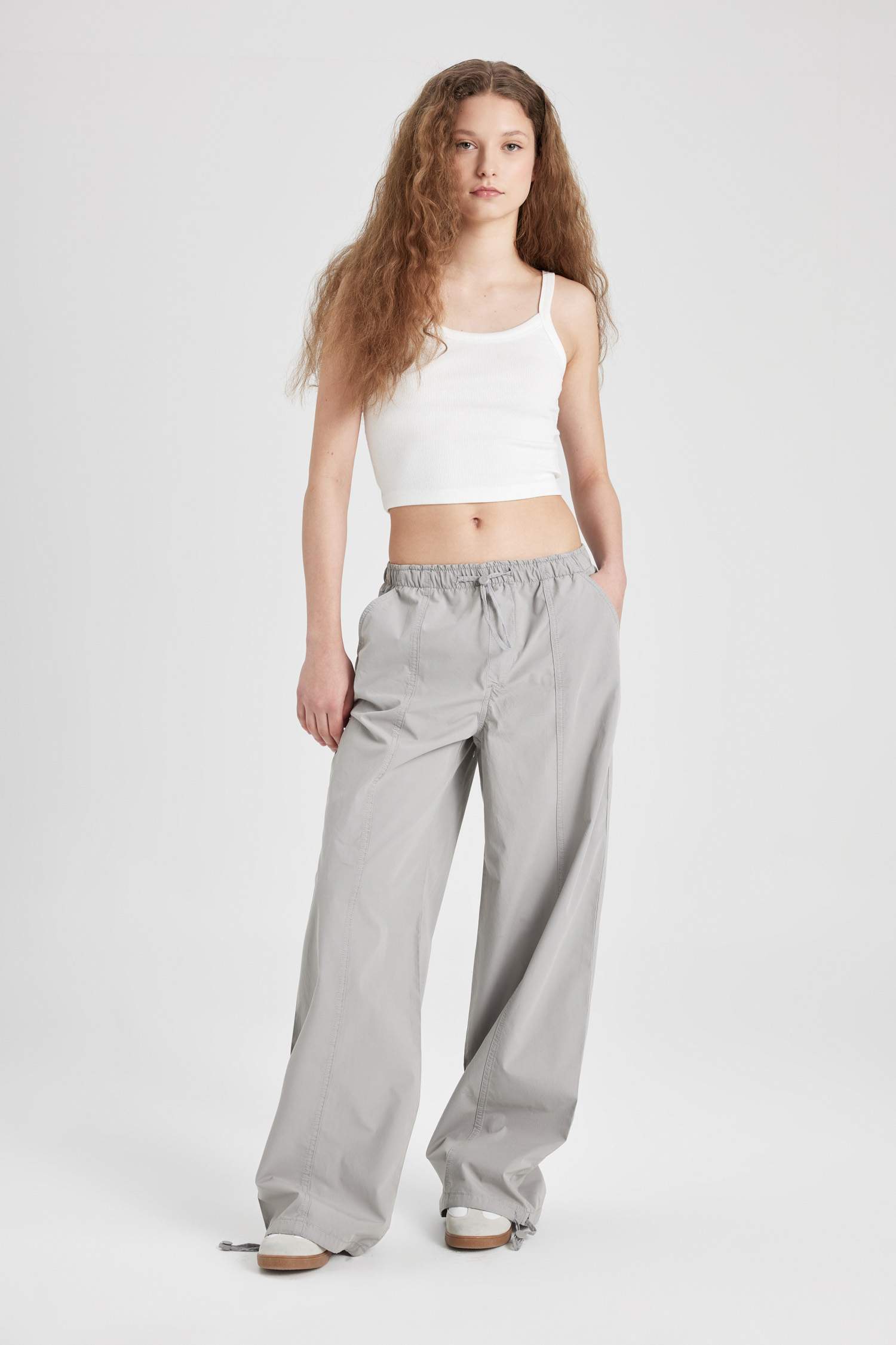 Poplin Pantolon Wide Leg Çift Cepli Yüksek Esnek Belli Standart Boy Ayarlanabilir Lastikli Paça