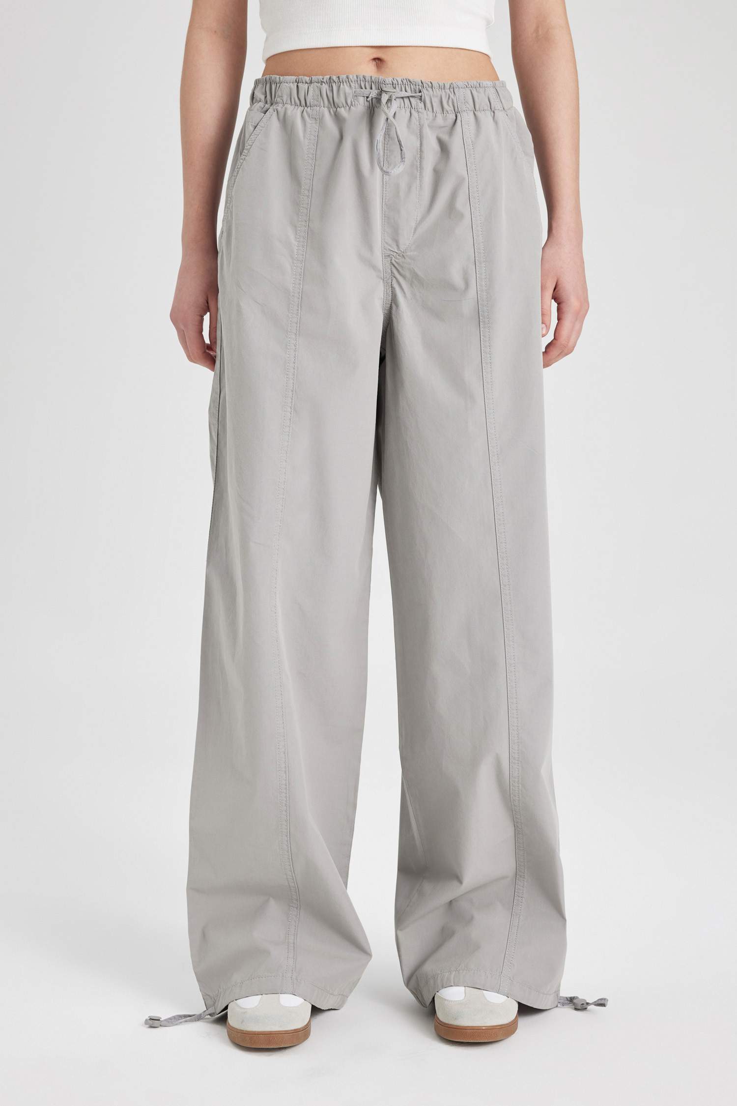 Poplin Pantolon Wide Leg Çift Cepli Yüksek Esnek Belli Standart Boy Ayarlanabilir Lastikli Paça