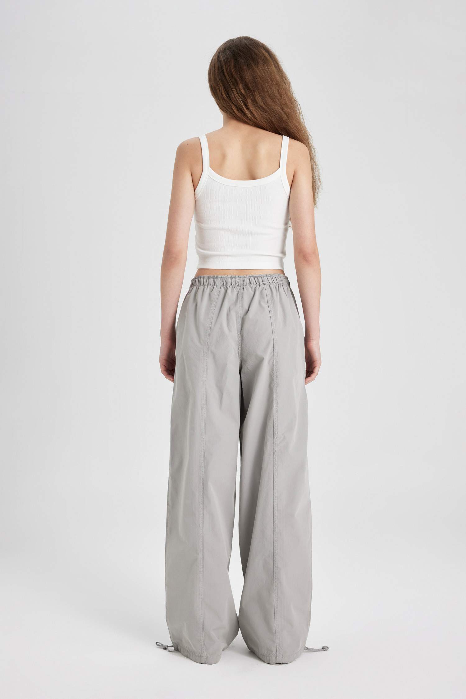 Poplin Pantolon Wide Leg Çift Cepli Yüksek Esnek Belli Standart Boy Ayarlanabilir Lastikli Paça