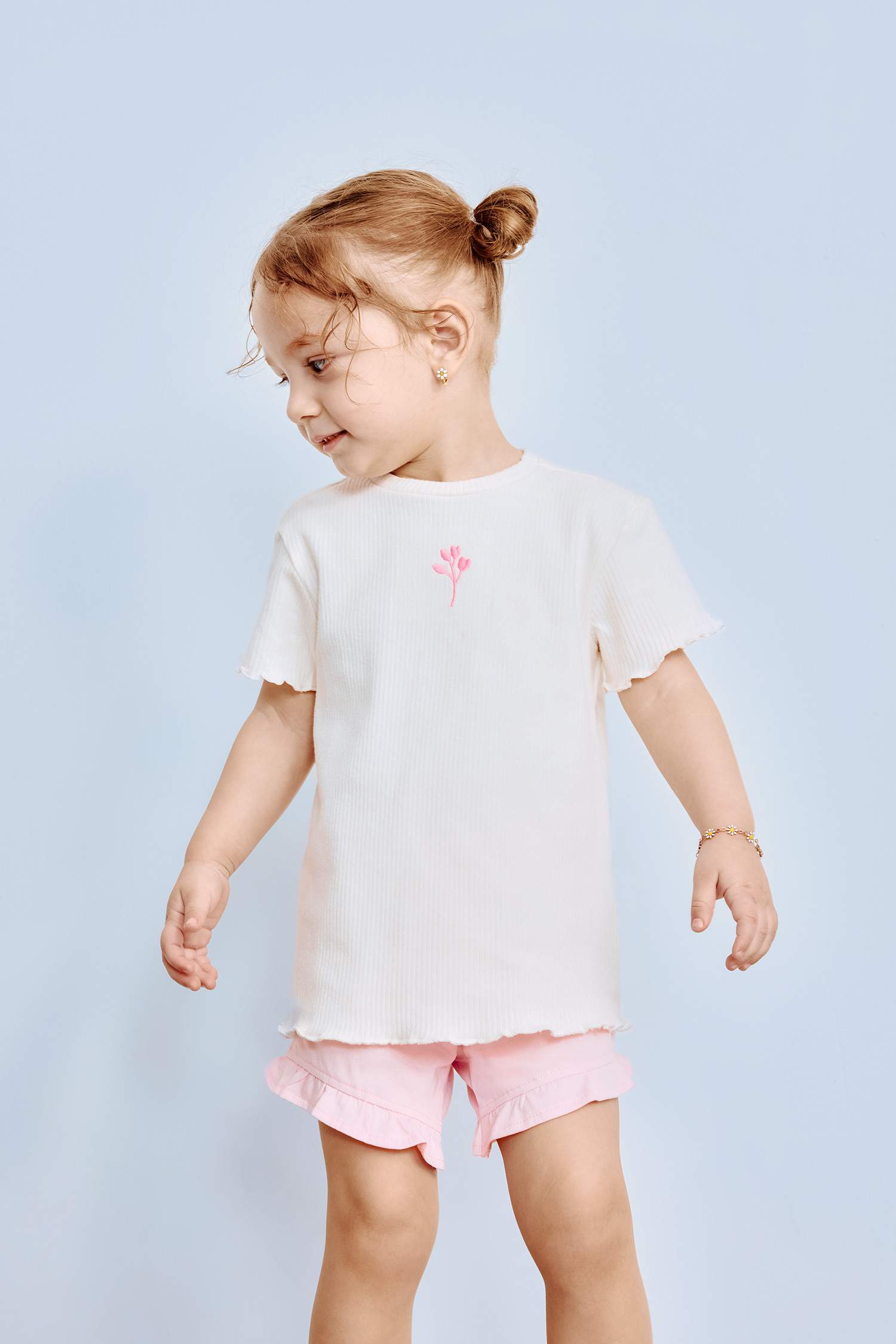 Kız Bebek Bisiklet Yaka Çiçekli Fitilli Kaşkorse Kısa Kollu Tişört